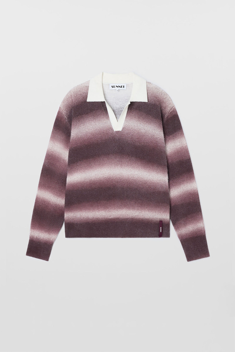 STRIPED KNIT LONGSLEEVE POLO / burnt aubergine & off white 1