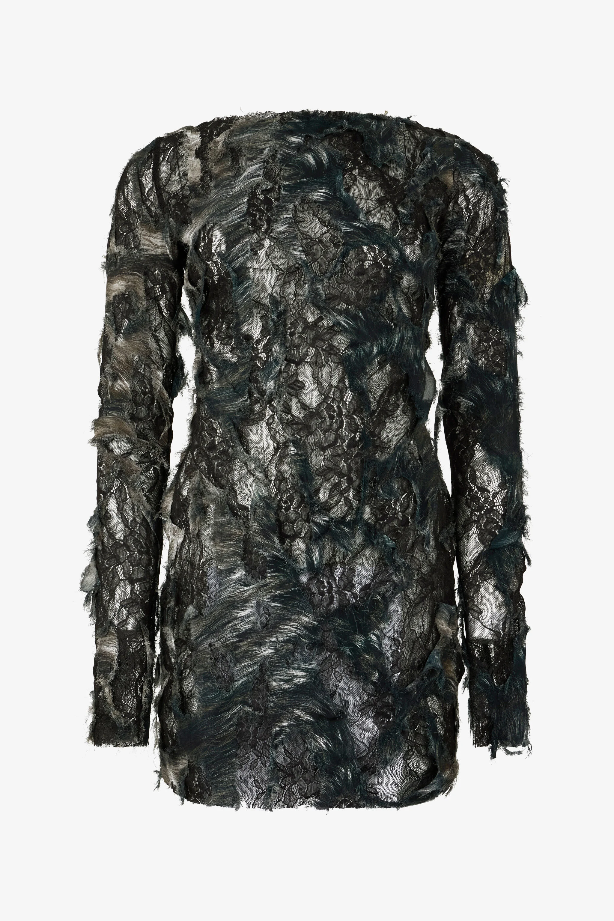 Mini Dress with Fur Print on Destroyed-Effect Lace - 1