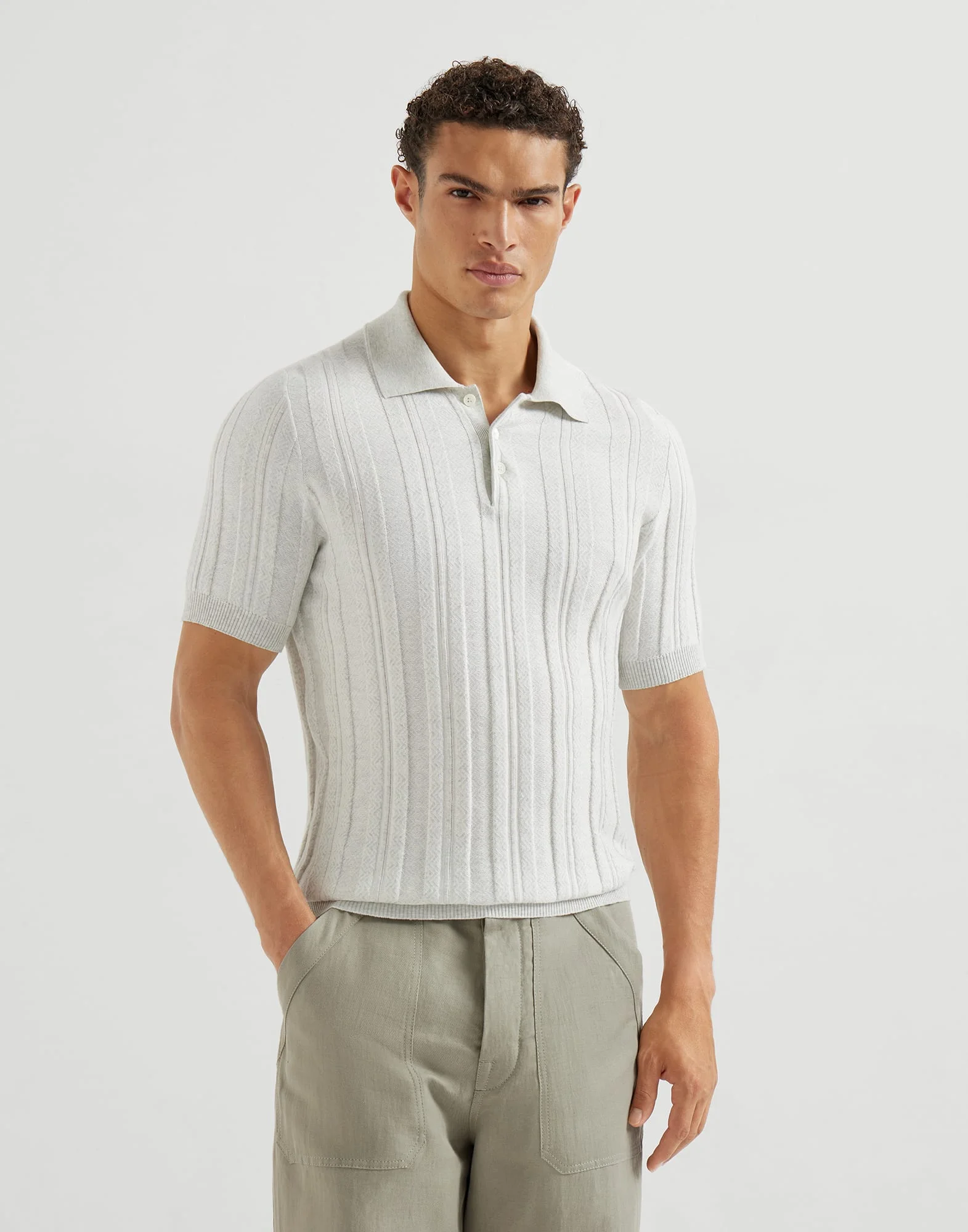 Cotton jacquard rib knit polo shirt - 1