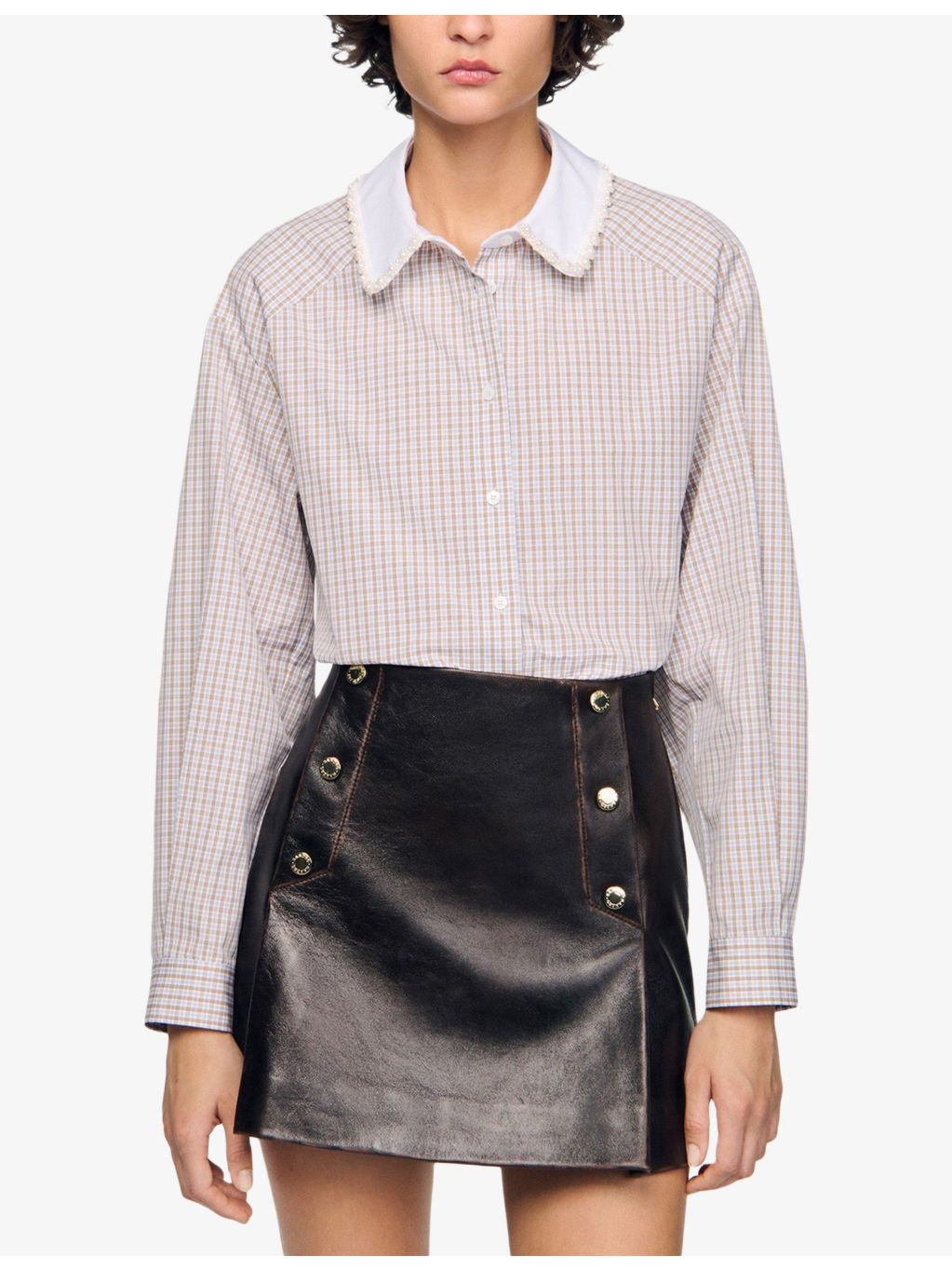 Contrast-Collar Long-Sleeve Checked Flannel Shirt - 3