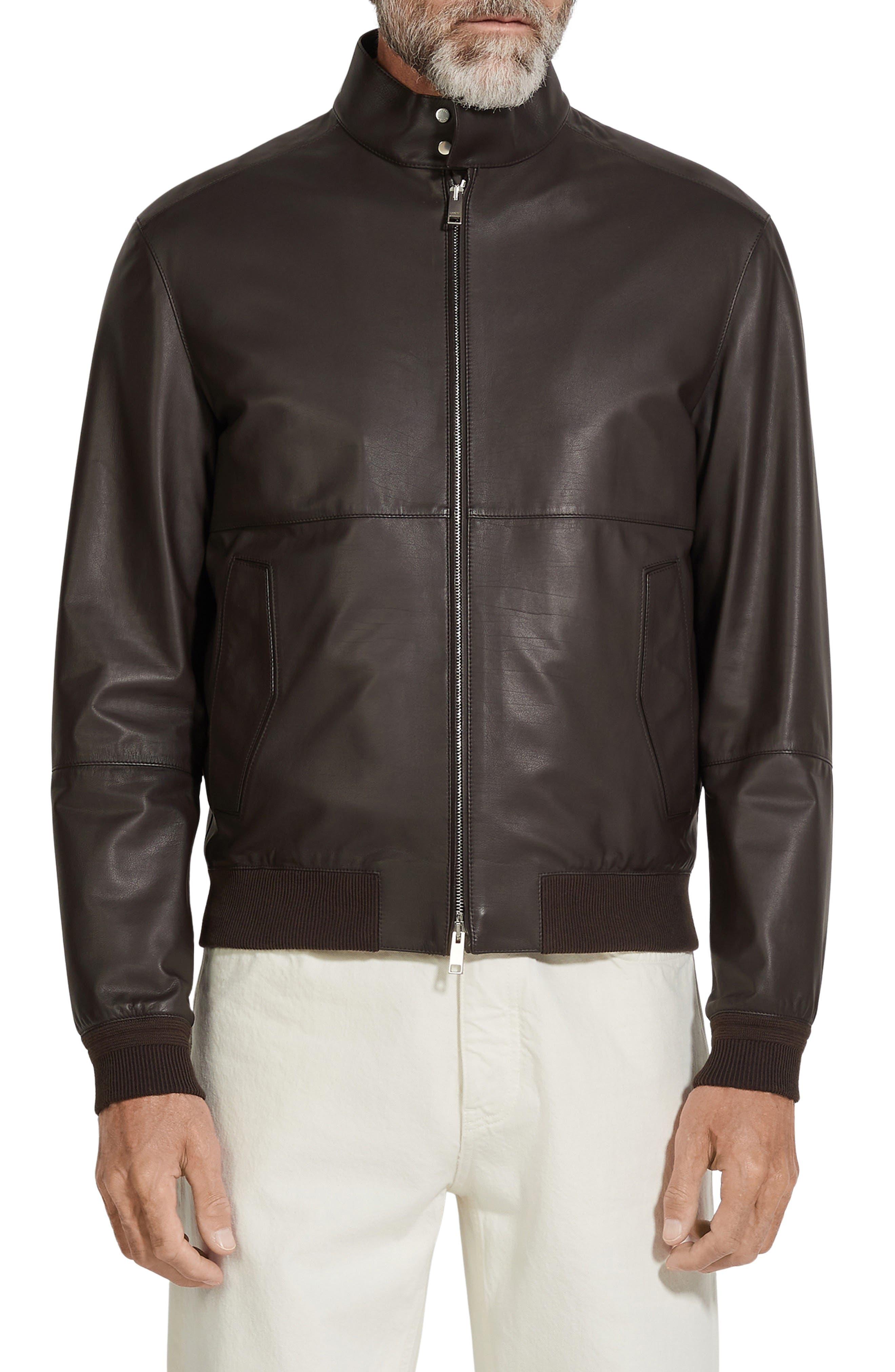 ZEGNA Leather Jacket in Dark Brown Solid at Nordstrom - 1