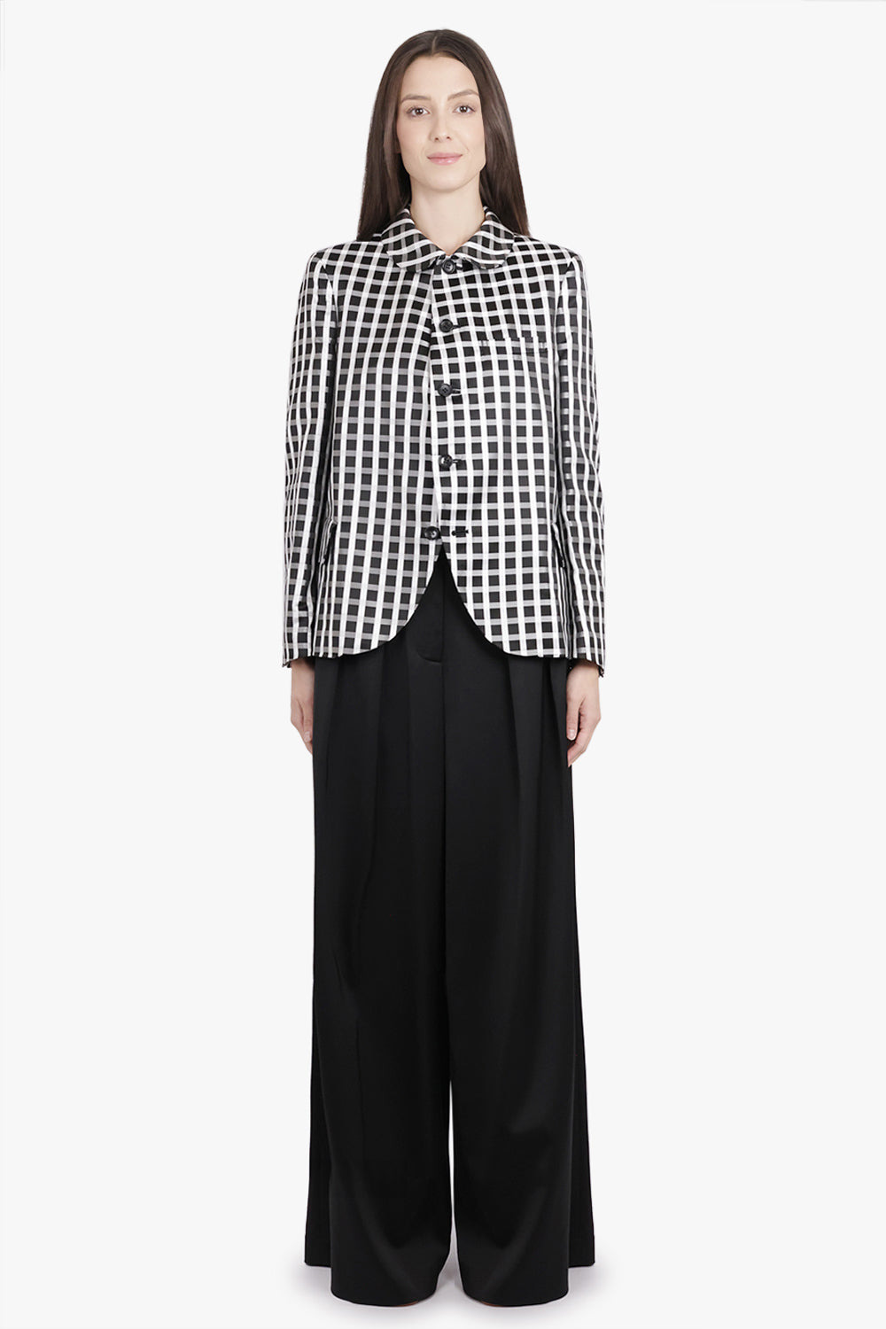 ROUND COLLAR CHECK PRINT JACKET WITH CURVED FRONT | BLACK/WHITE - 4
