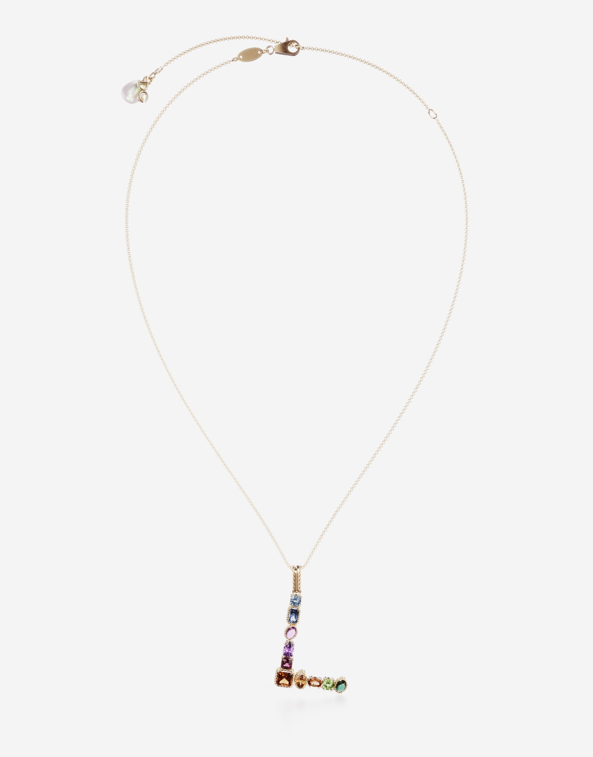 Rainbow alphabet L pendant in yellow gold with multicolor fine gems - 1
