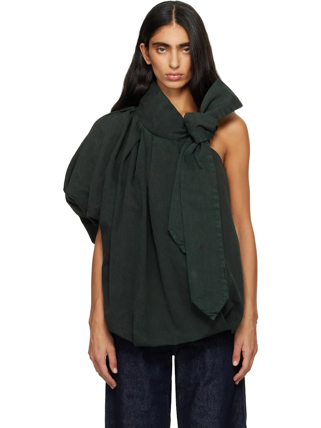 Green Draped Denim Top - 1