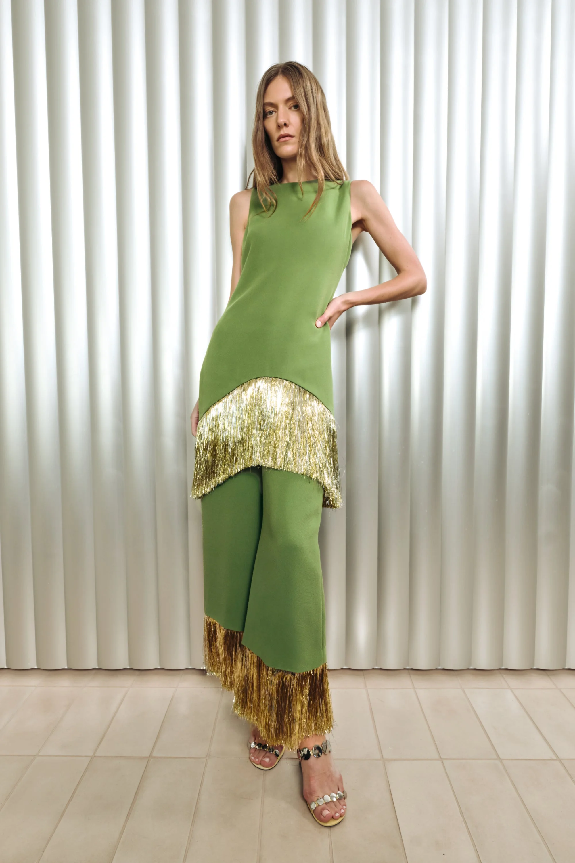 Nella Fringe Pant In Spruce Green - 1