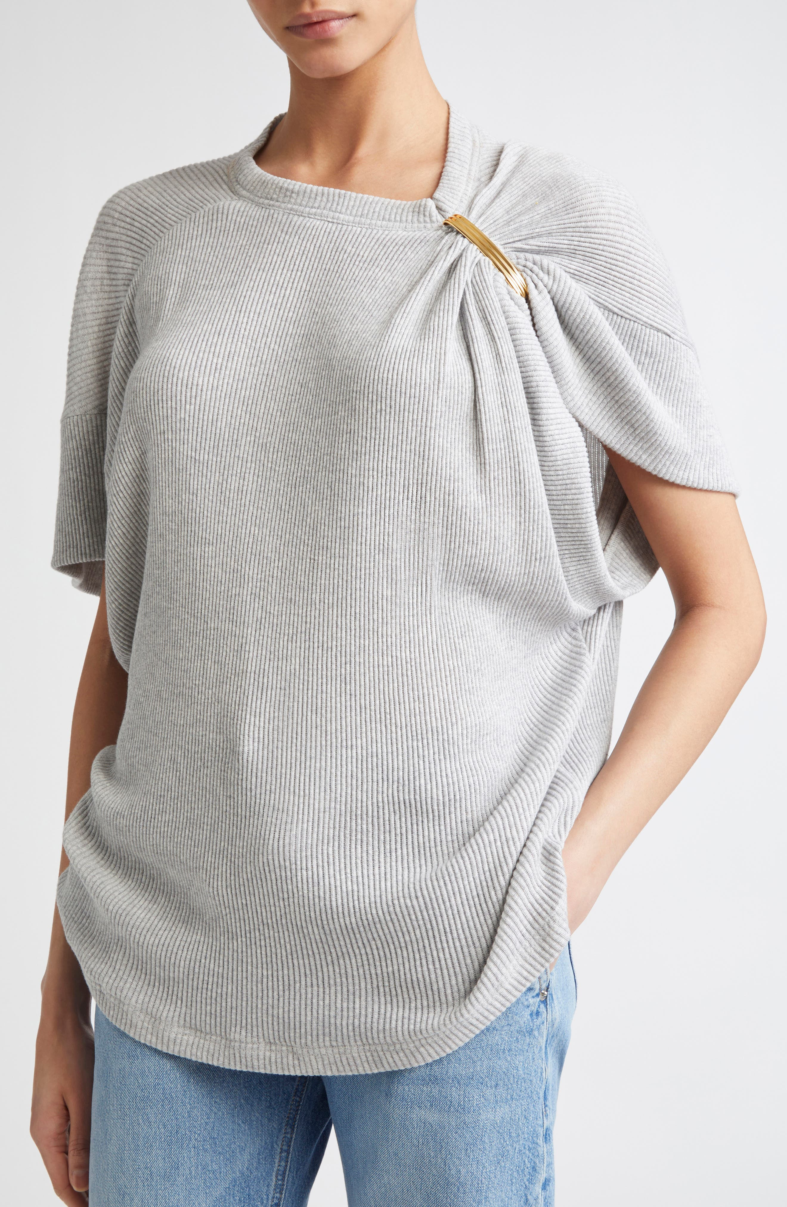 Brandon Maxwell The Faye Asymmetric Rib T-Shirt in Heather Grey/Gold at Nordstrom - 5