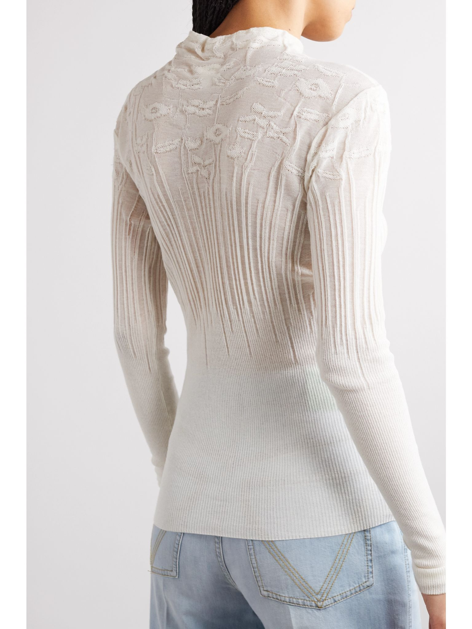 Ribbed pointelle-knit cotton-blend sweater White - 3