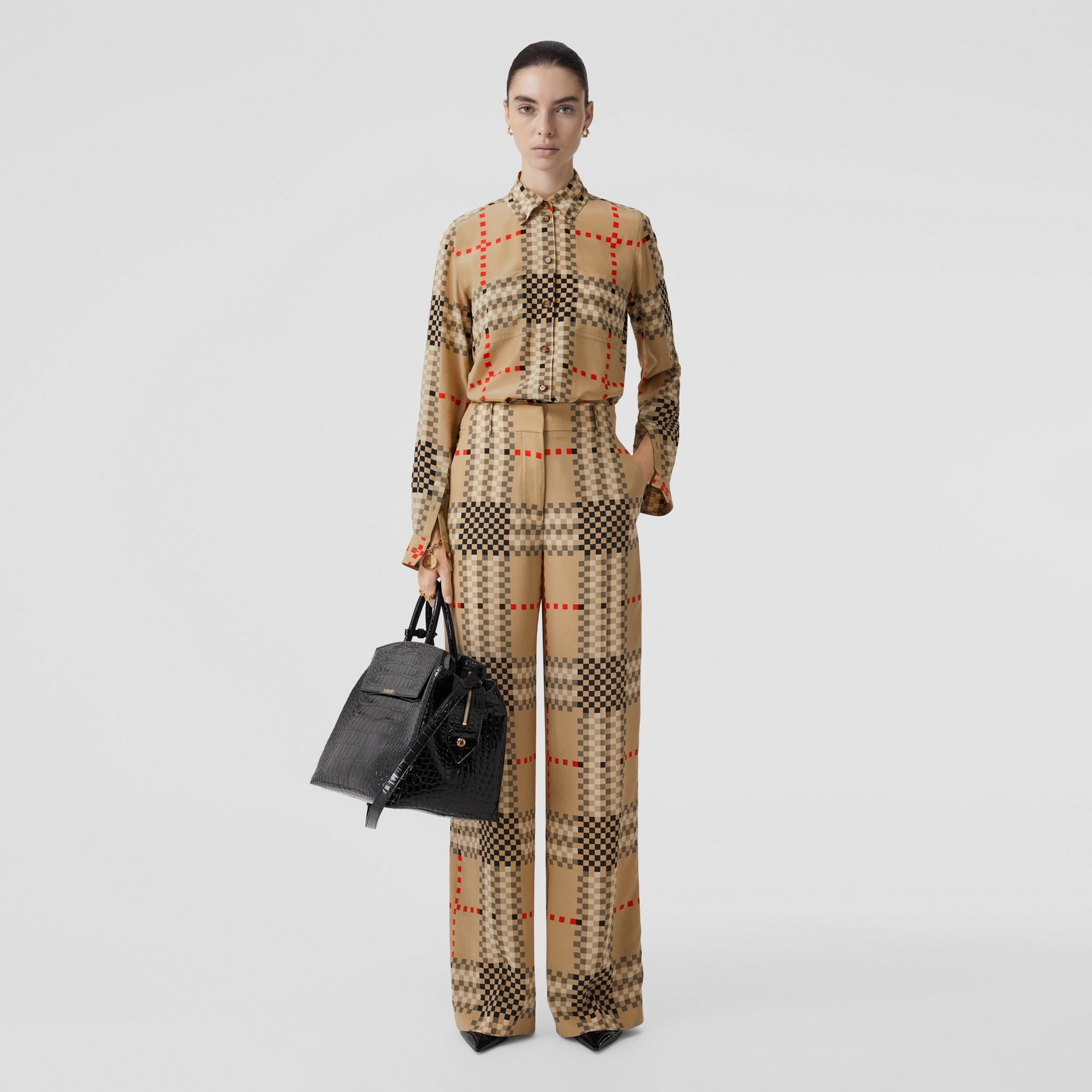 Pixel Check Silk Crepe de Chine Wide-leg Trousers - 4