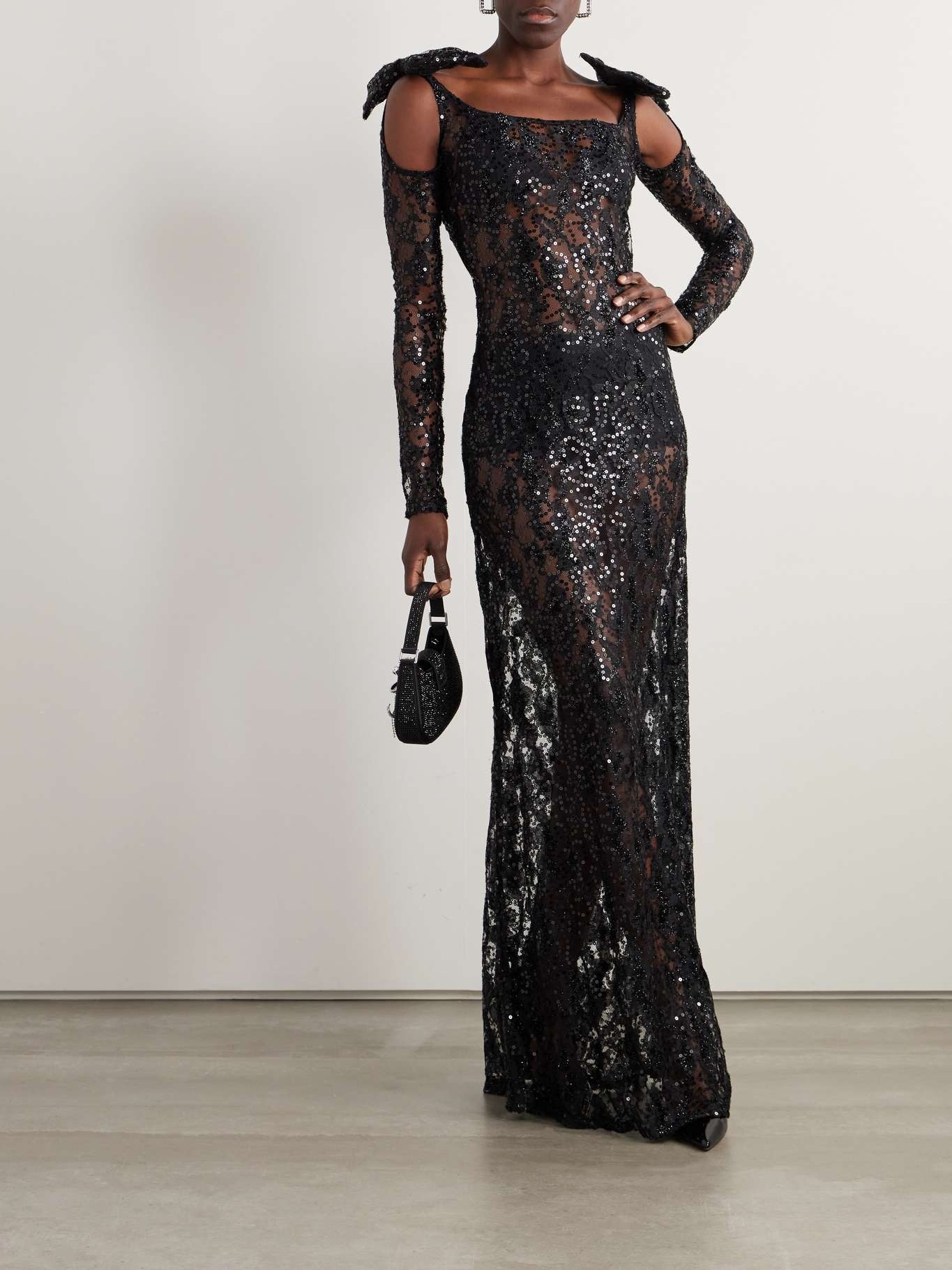 Bow-embellished cutout sequined lace gown - 2