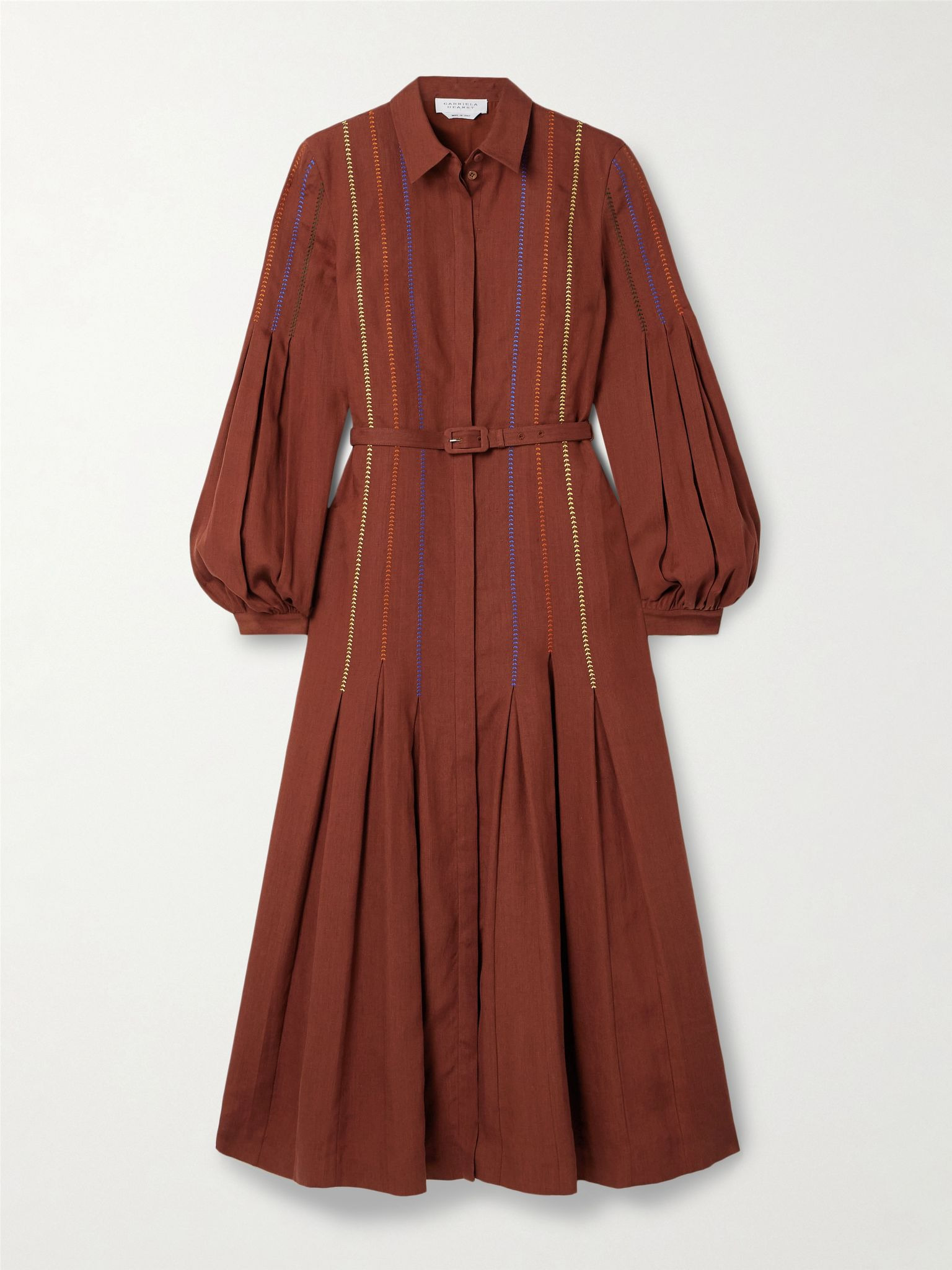 Aleka belted embroidered linen midi shirt dress Burgundy - 1
