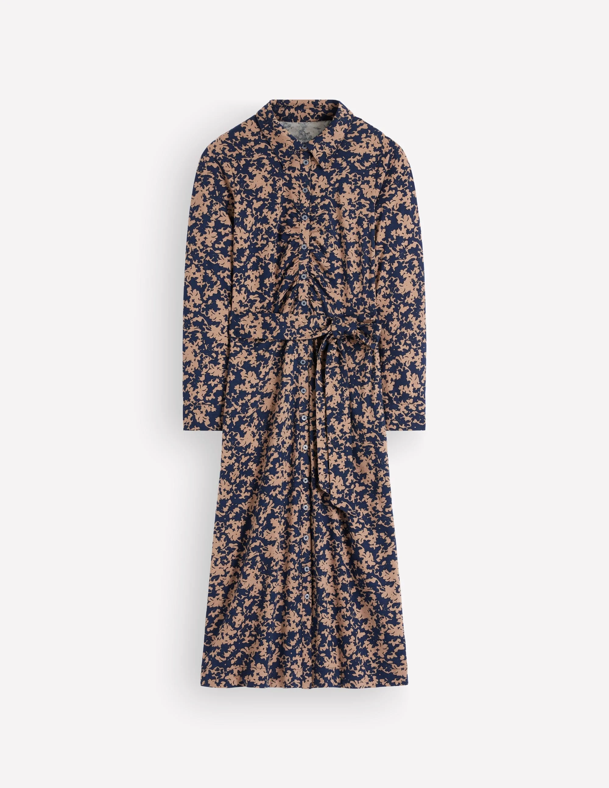 Ruched Jersey Shirt Dress-Cool Cocoa, Sprayed Leaf - 1