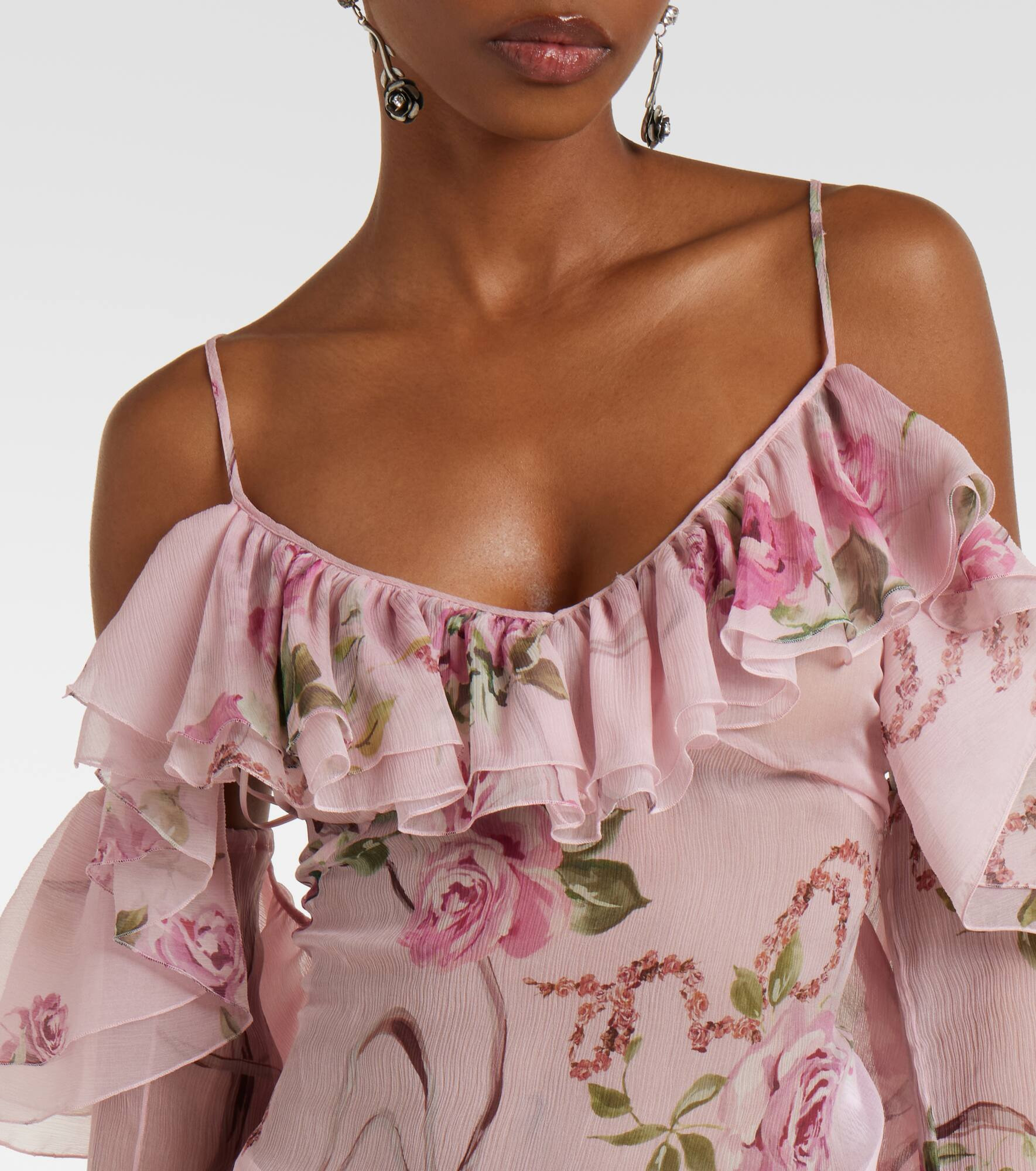 Ruffle-trimmed floral silk top - 4