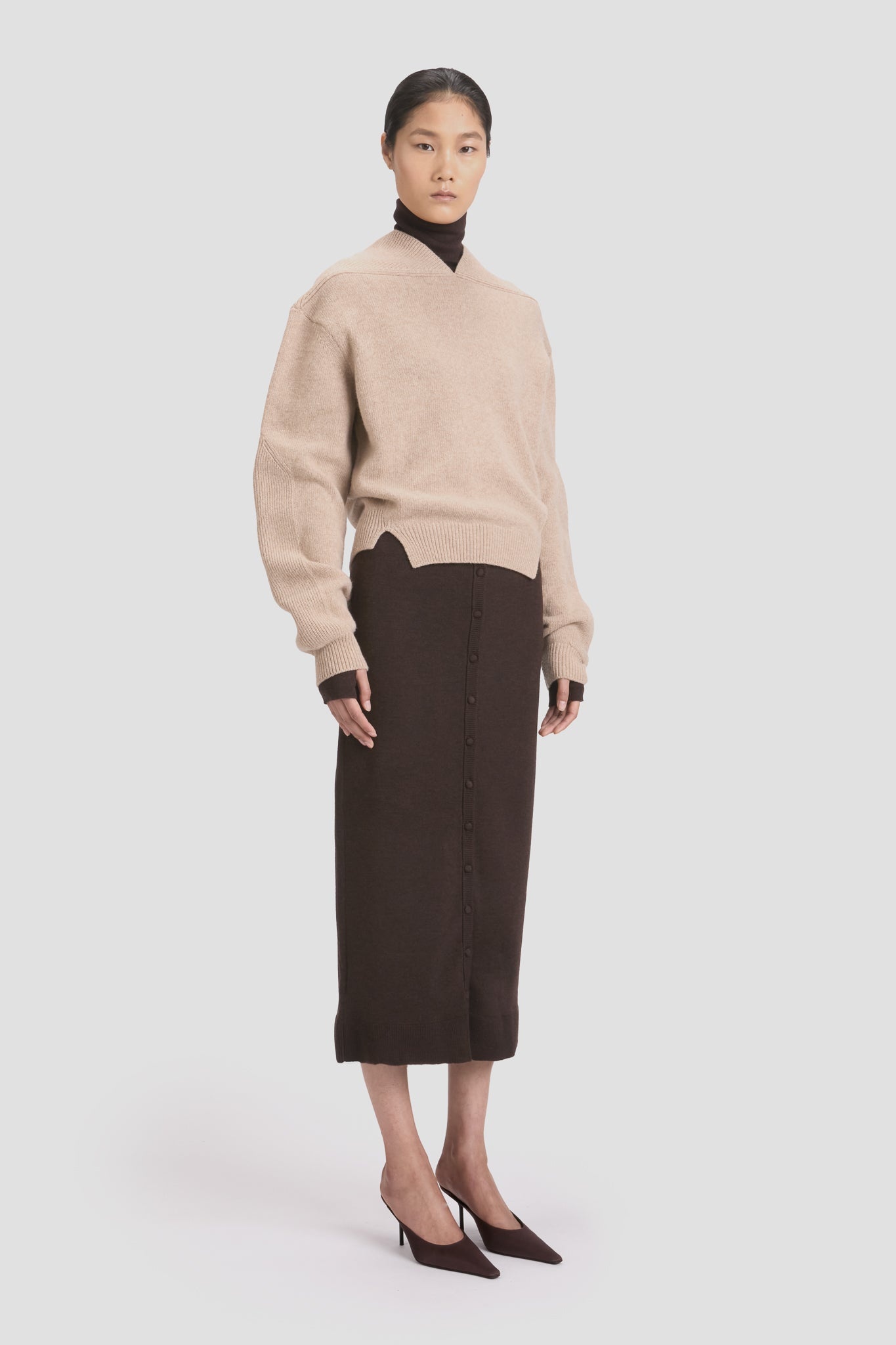 V-Neck Yoke Detail Jumper In Sand - 3