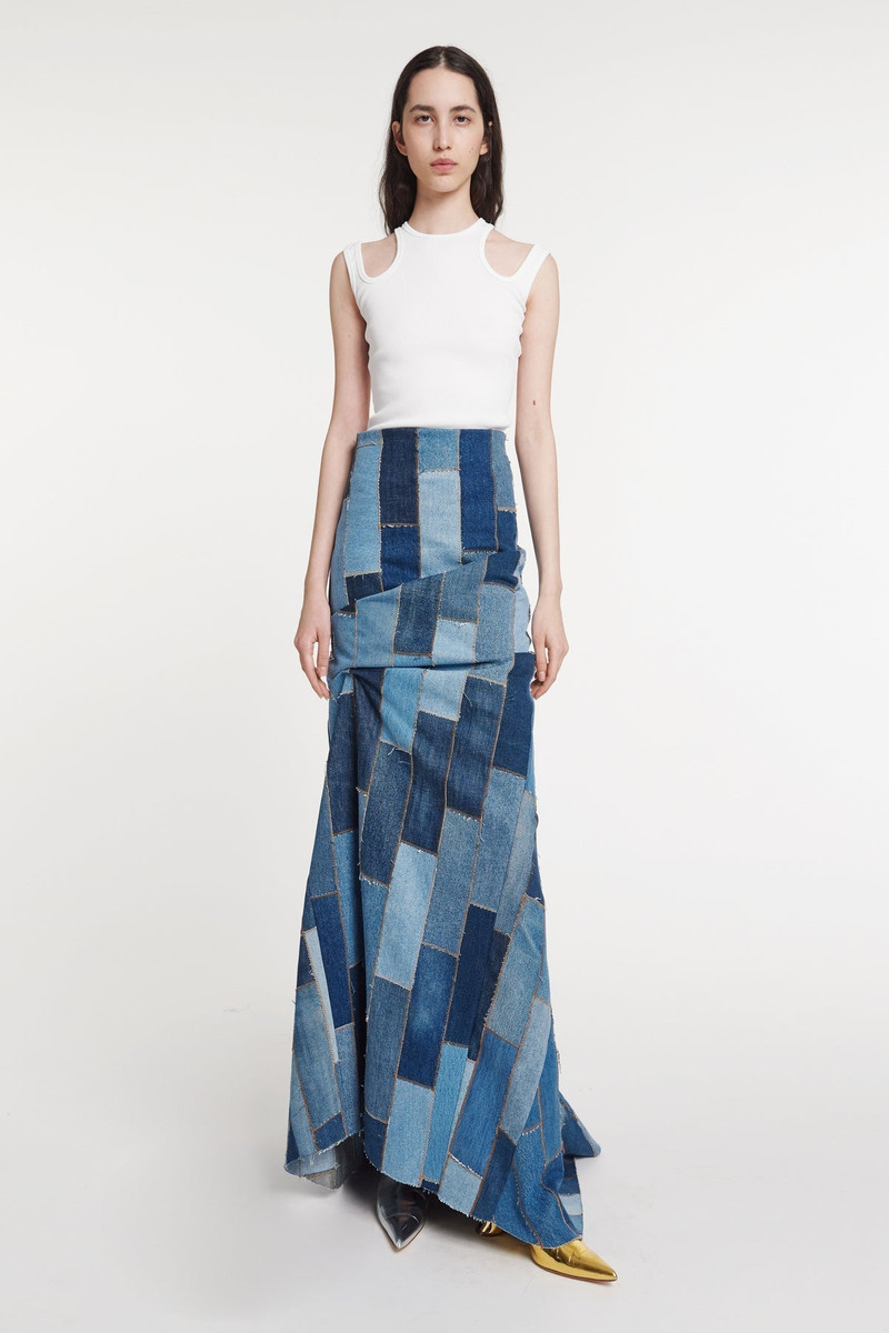 UPCYCLED DENIM SKIRT WITH BACK GATHERING BLUE DENIM 1