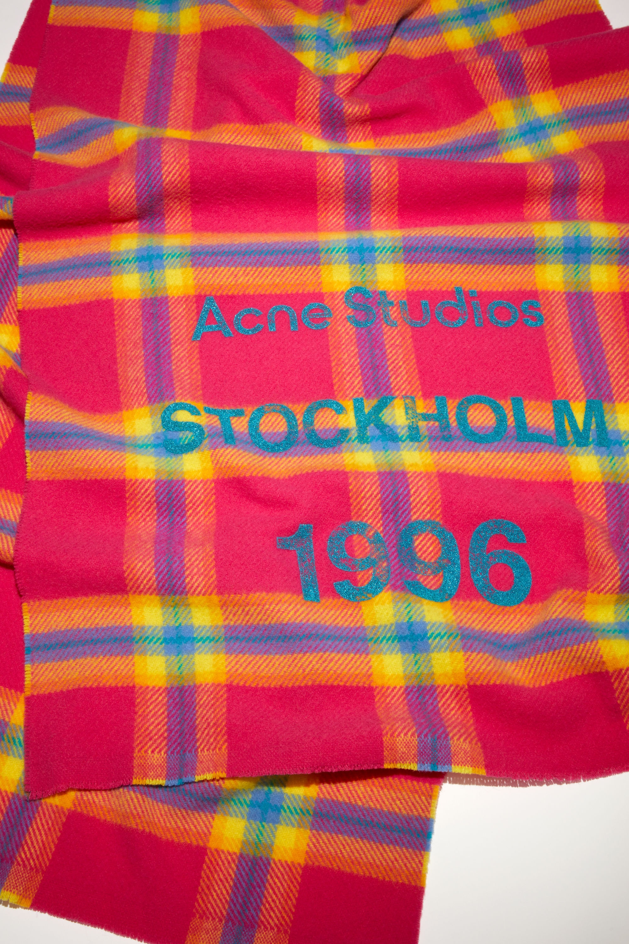 Wool logo print checked scarf - Fuchsia/yellow - 4