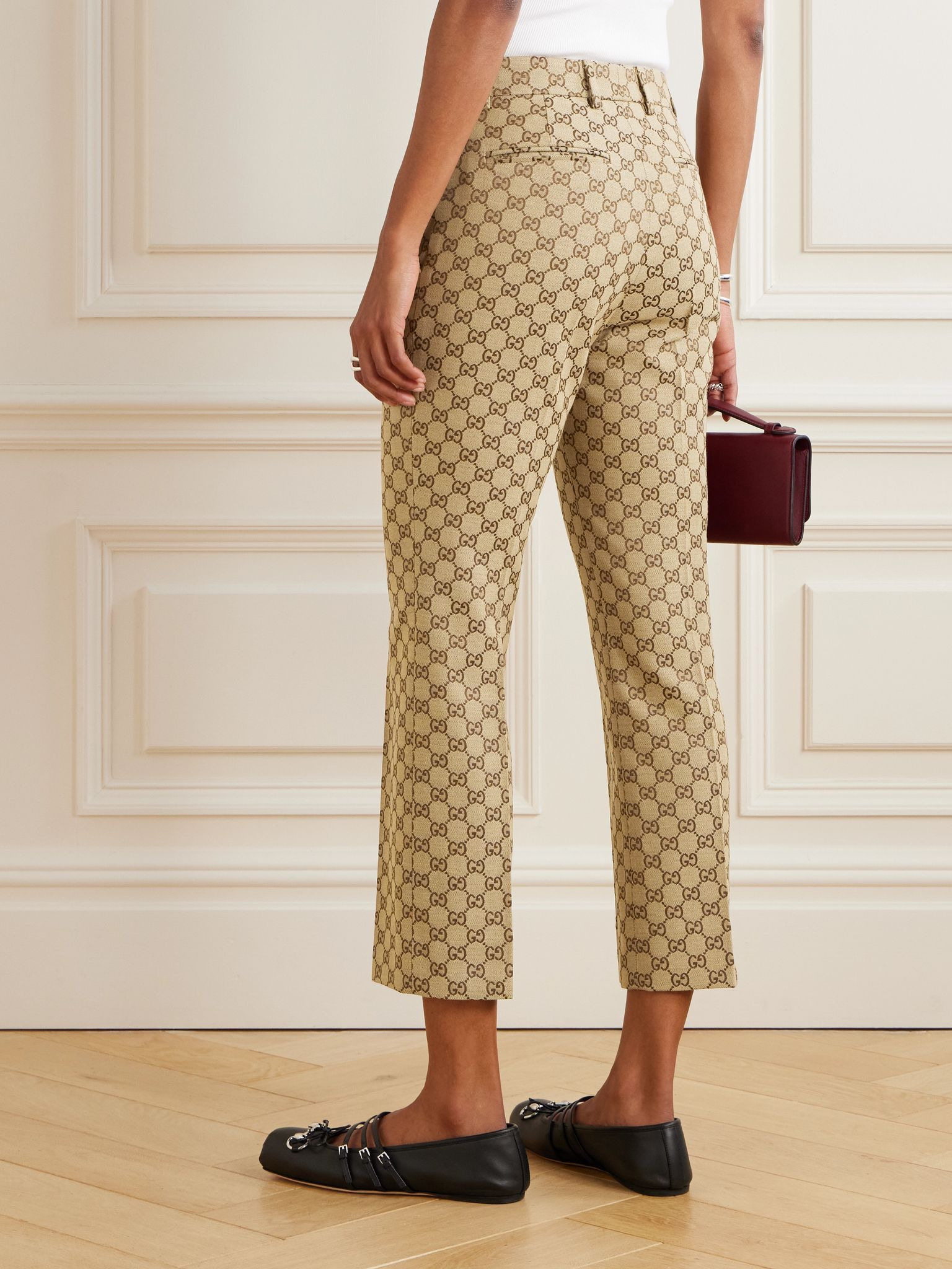 Cropped cotton-blend canvas-jacquard straight-leg pants Beige - 3