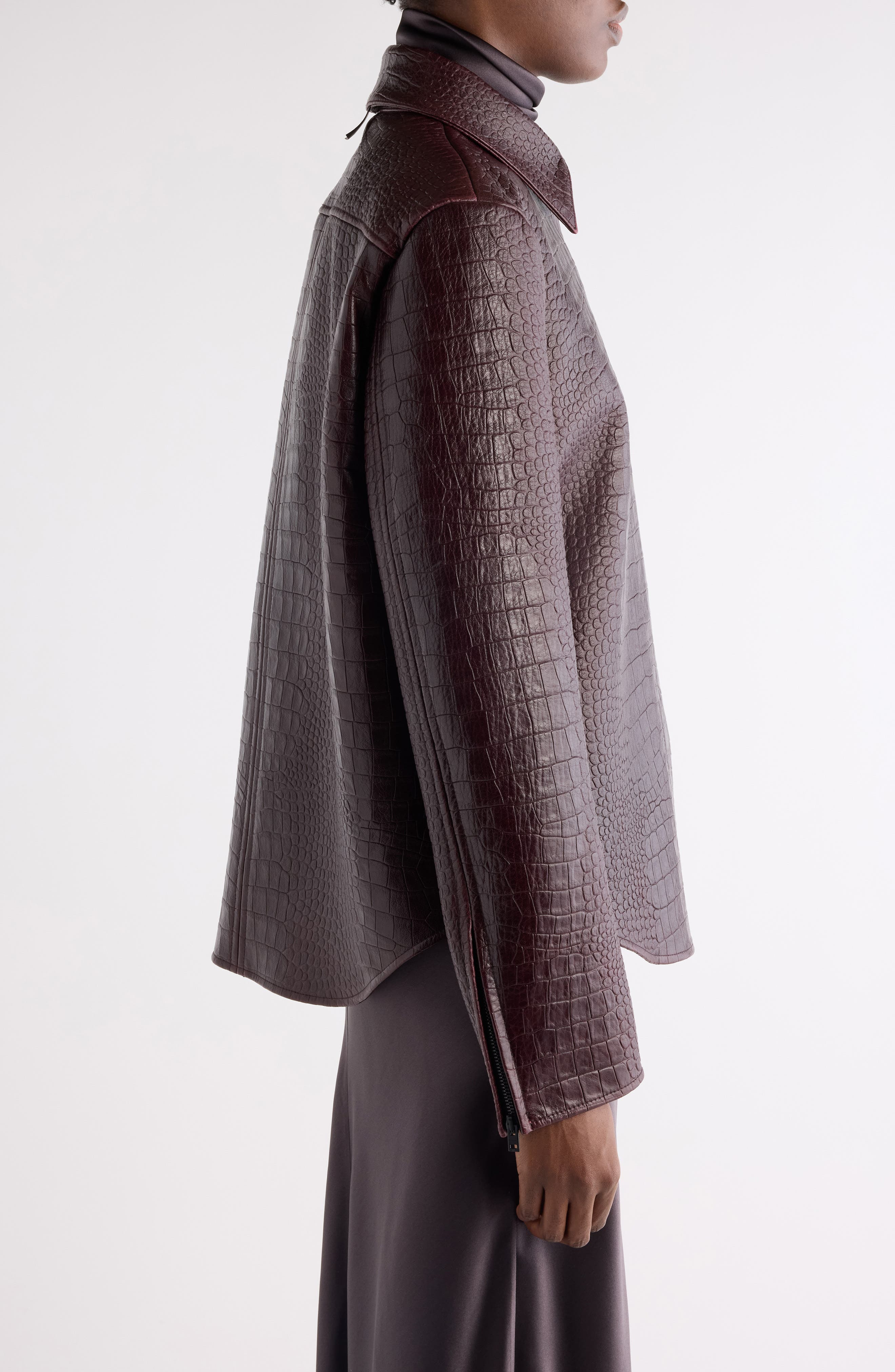 Acne Studios Lamank Croc Embossed Leather Shirt Jacket in Burgundy at Nordstrom - 4