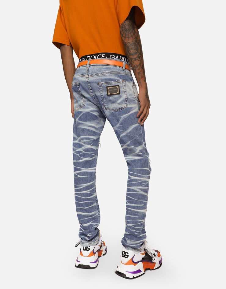 Light blue wash slim-fit stretch jeans with rips - 4