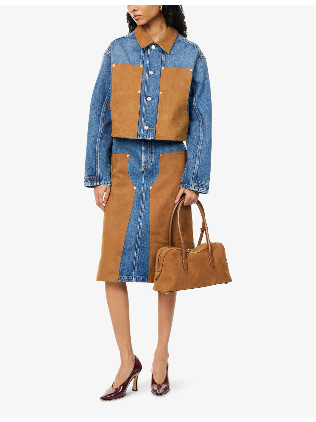 Mixed-Suede High-Waist Denim Skirt - 2