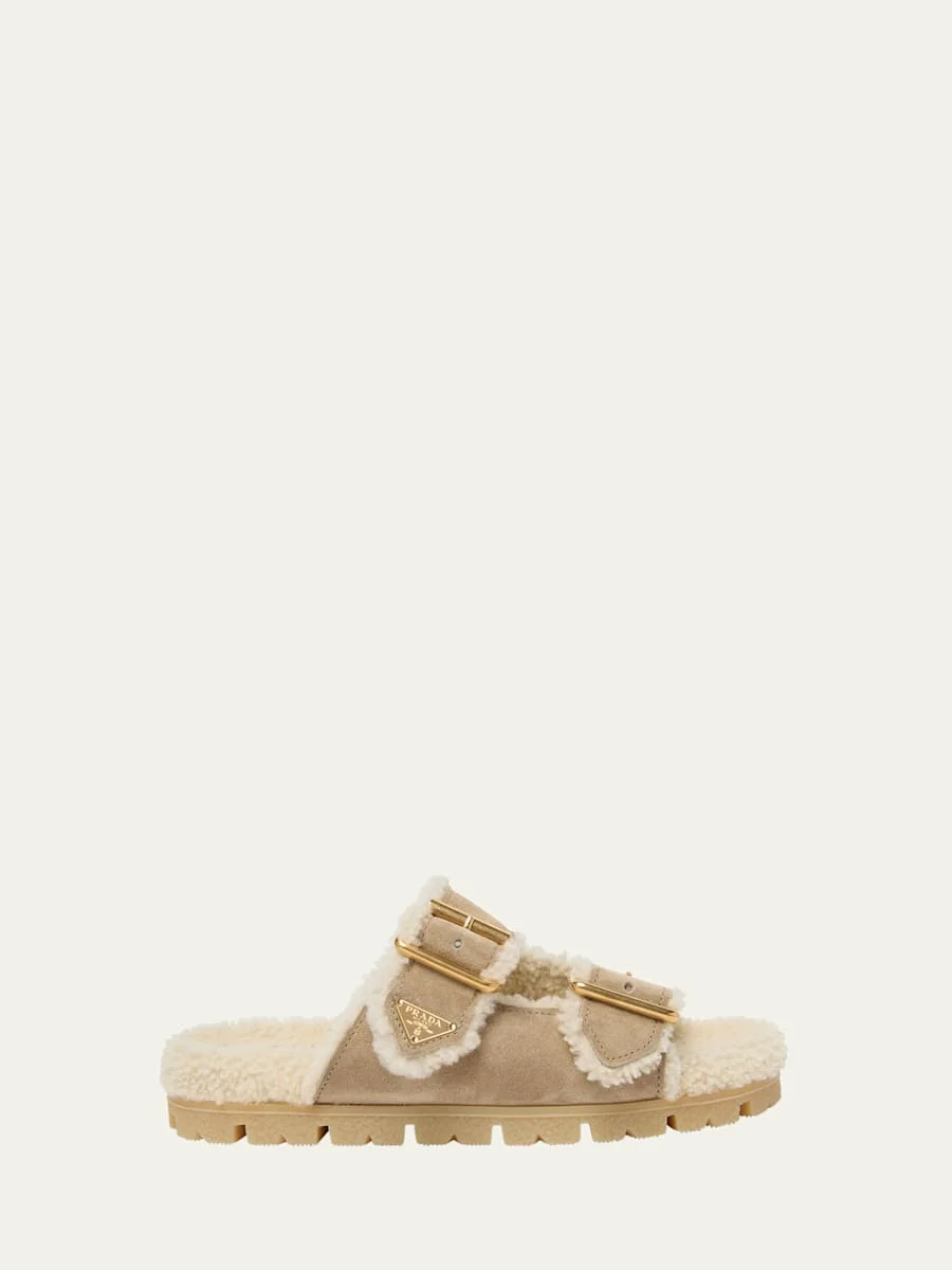 Suede Shearling Lined Dual-Buckle Slide Sandals - 1