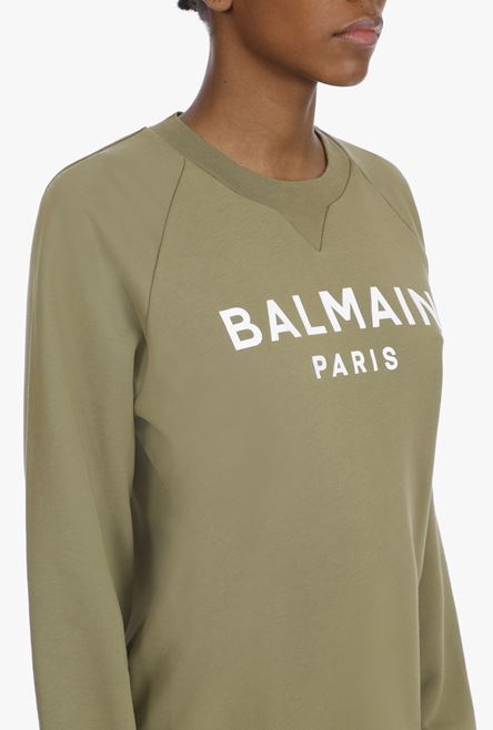Khaki cotton sweatshirt with white Balmain logo - 8