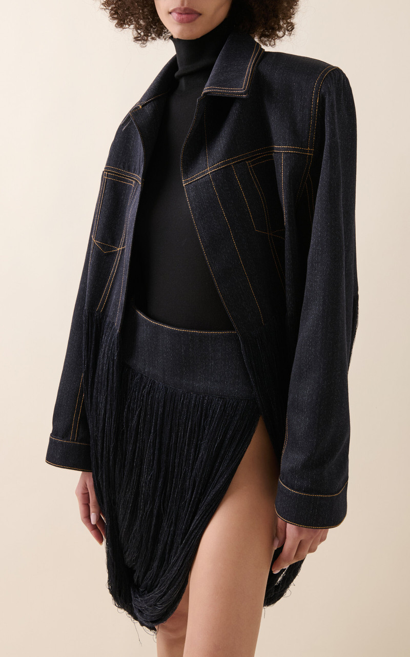 Alaïa Fringed Yarn Knit Wool-Denim Twill Jacket dark wash outlook