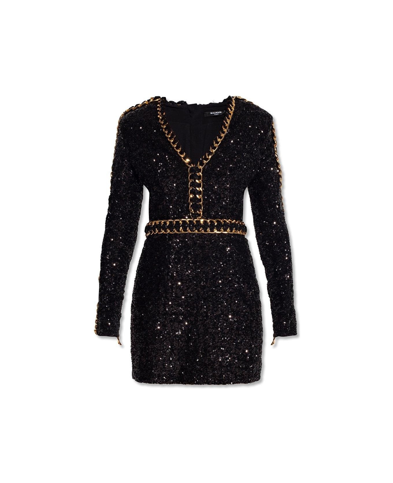 V-neck Chain-trimmed Sequin Dress - 1