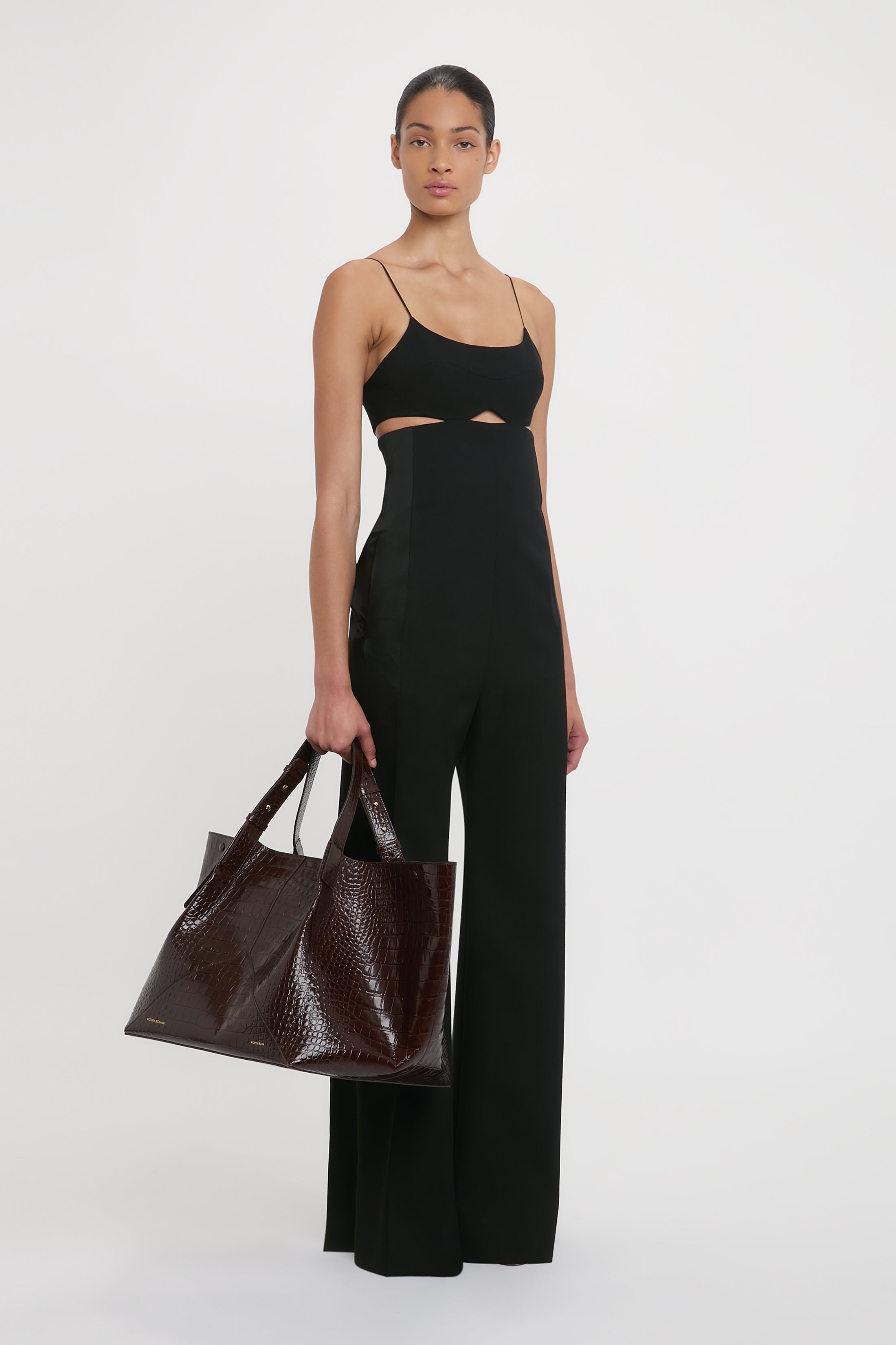Victoria Beckham W11 Jumbo Tote In Dark Brown Croc Embossed