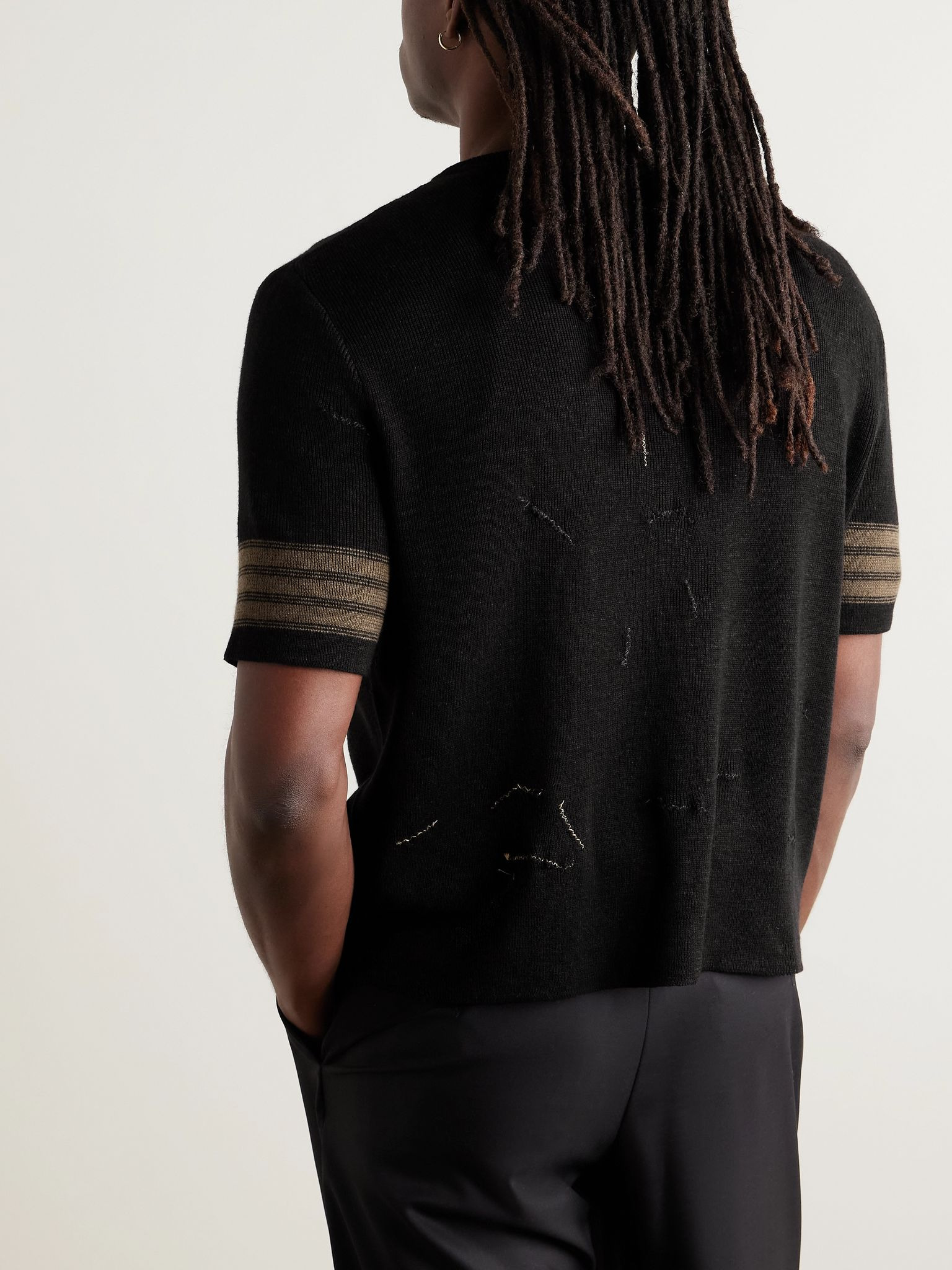 Eddy Embroidered Striped Distressed Virgin Wool, Silk and Linen-Blend Sweater Black - 3