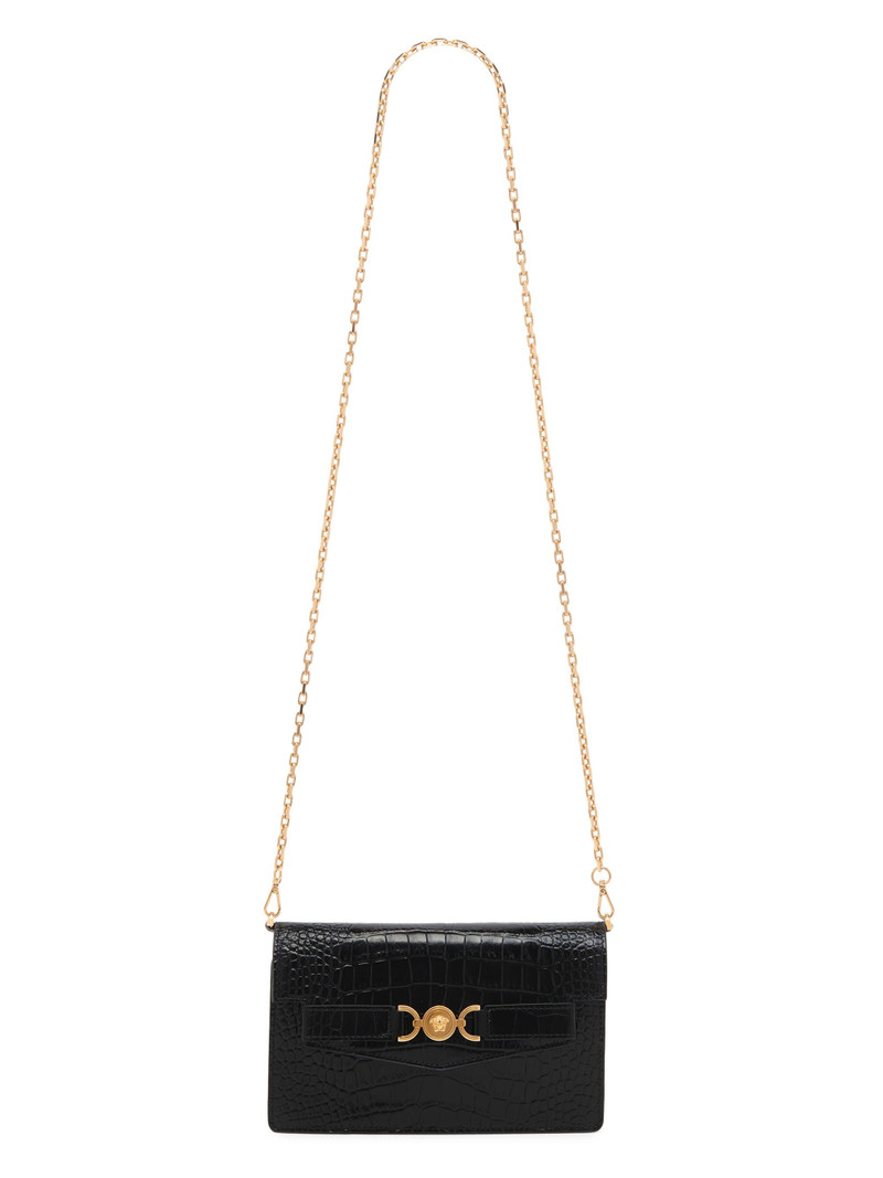 Women's Croc-Embossed Leather Wallet-On-Chain Shoulder Bag - Black Gold 6