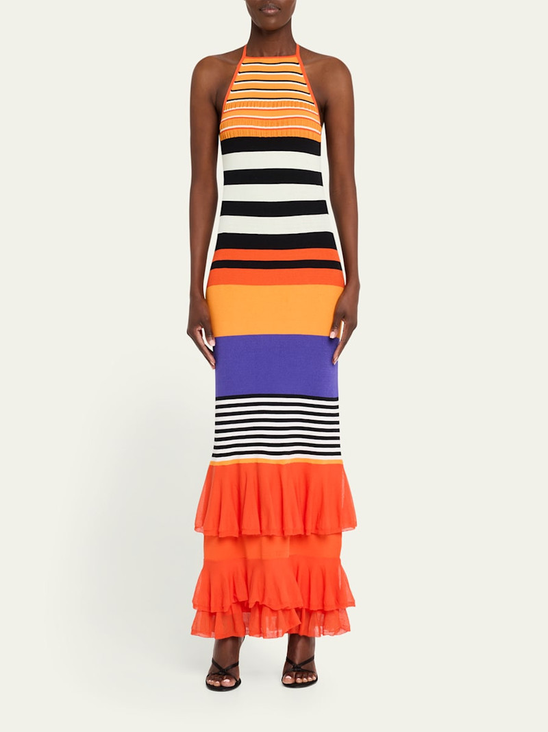 CHRISTOPHER JOHN ROGERS Striped Halter Neck Ruffle Dress outlook