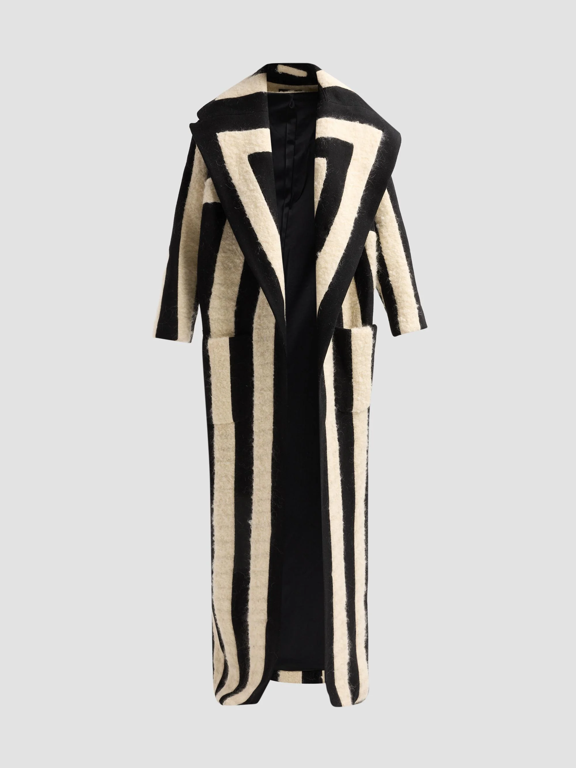 Women's Striped Seam Mohair-Wool Long Coat - Black White - 1