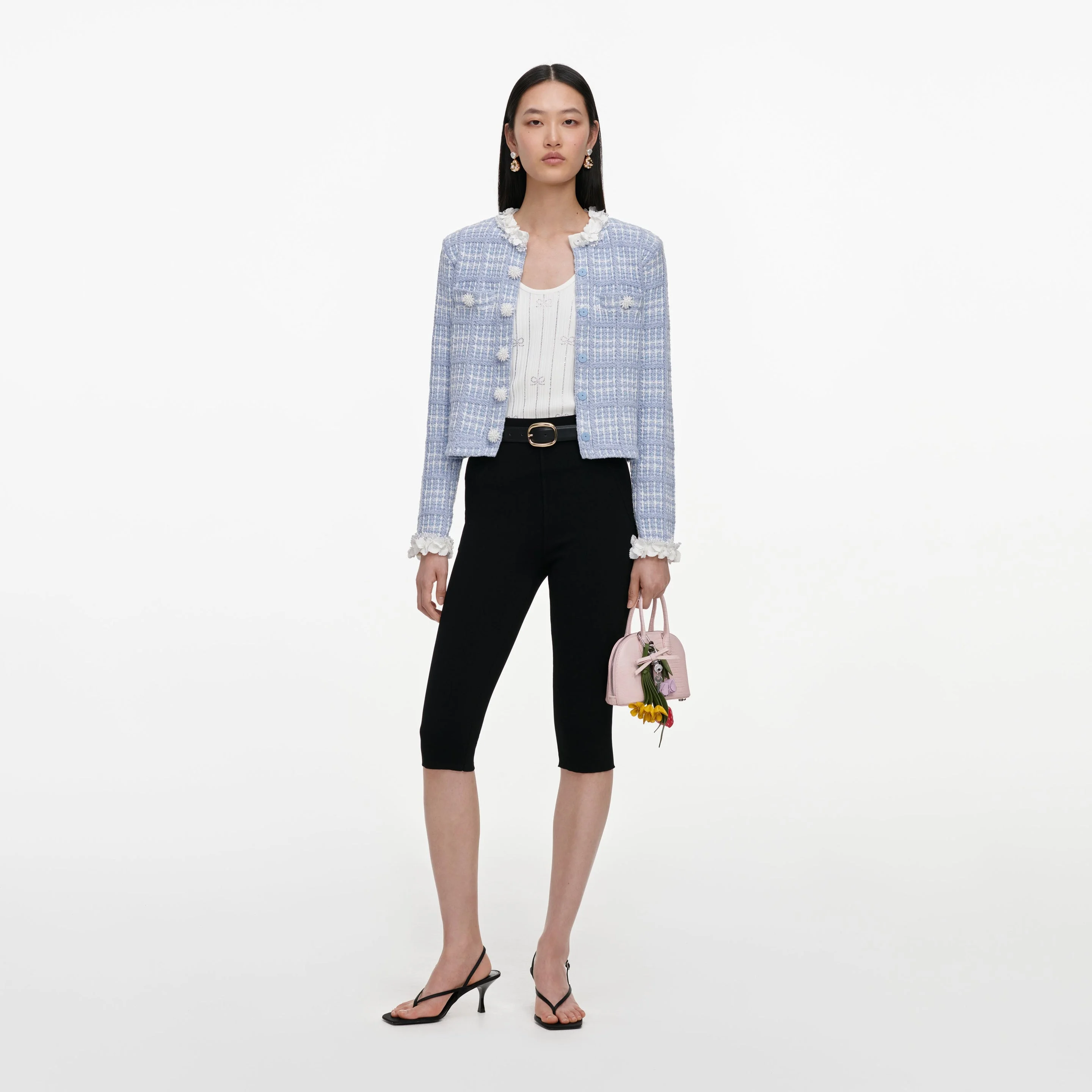 Blue Check Knit Beaded Jacket - 1