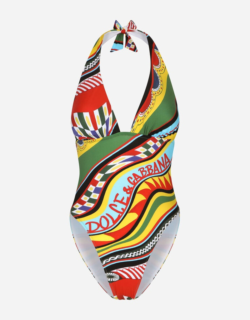 Carretto-print one-piece swimsuit with plunging neckline 1