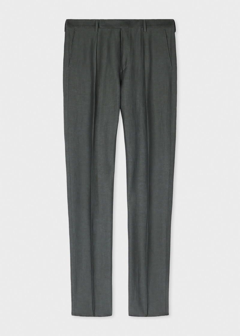 Tapered-Fit Green Linen-Wool Pleated Trousers 1