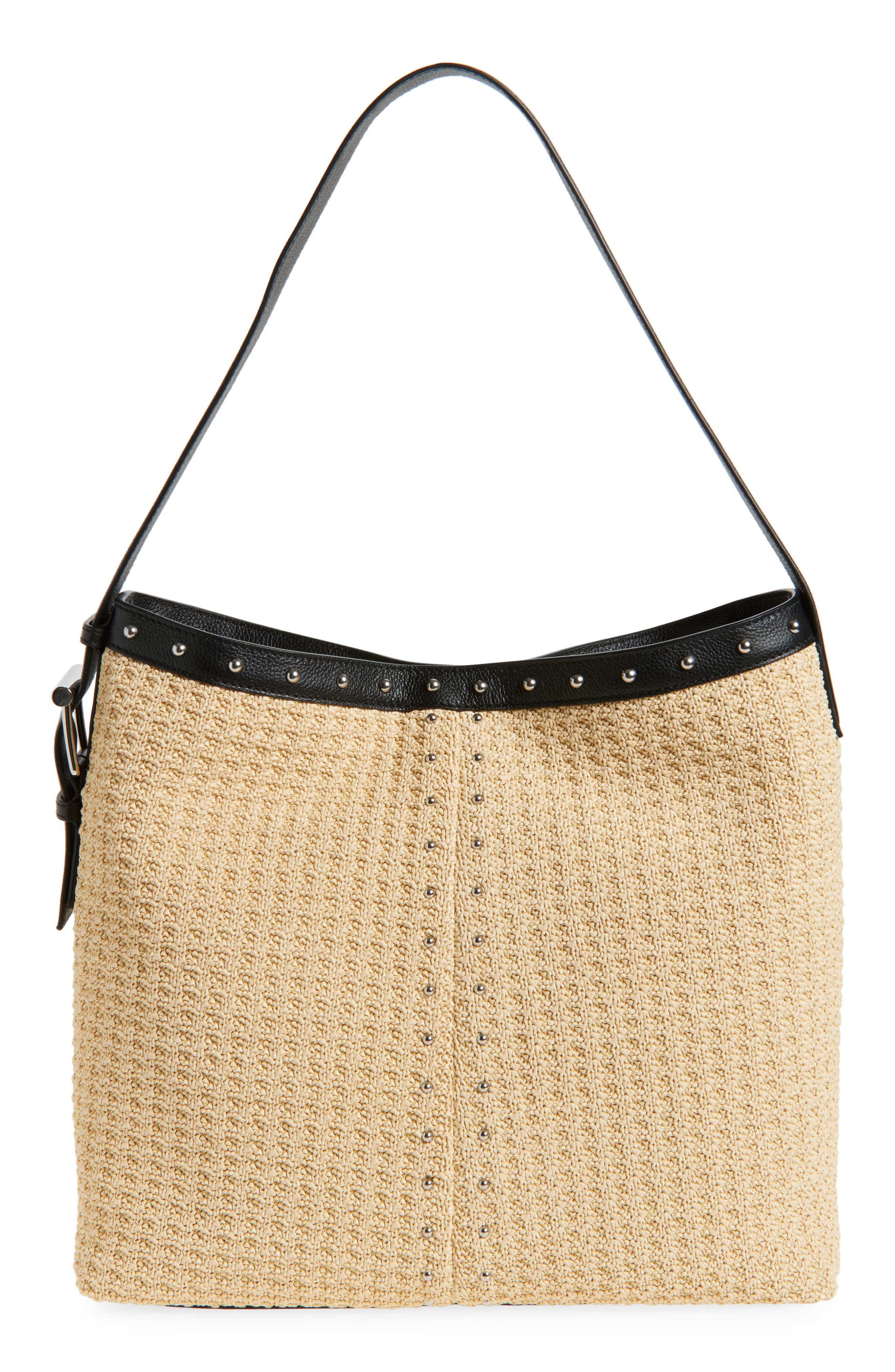 McQueen T-Bar Sling Studded Raffia & Leather Shoulder Bag in Natural/Black/Silver at Nordstrom - 1
