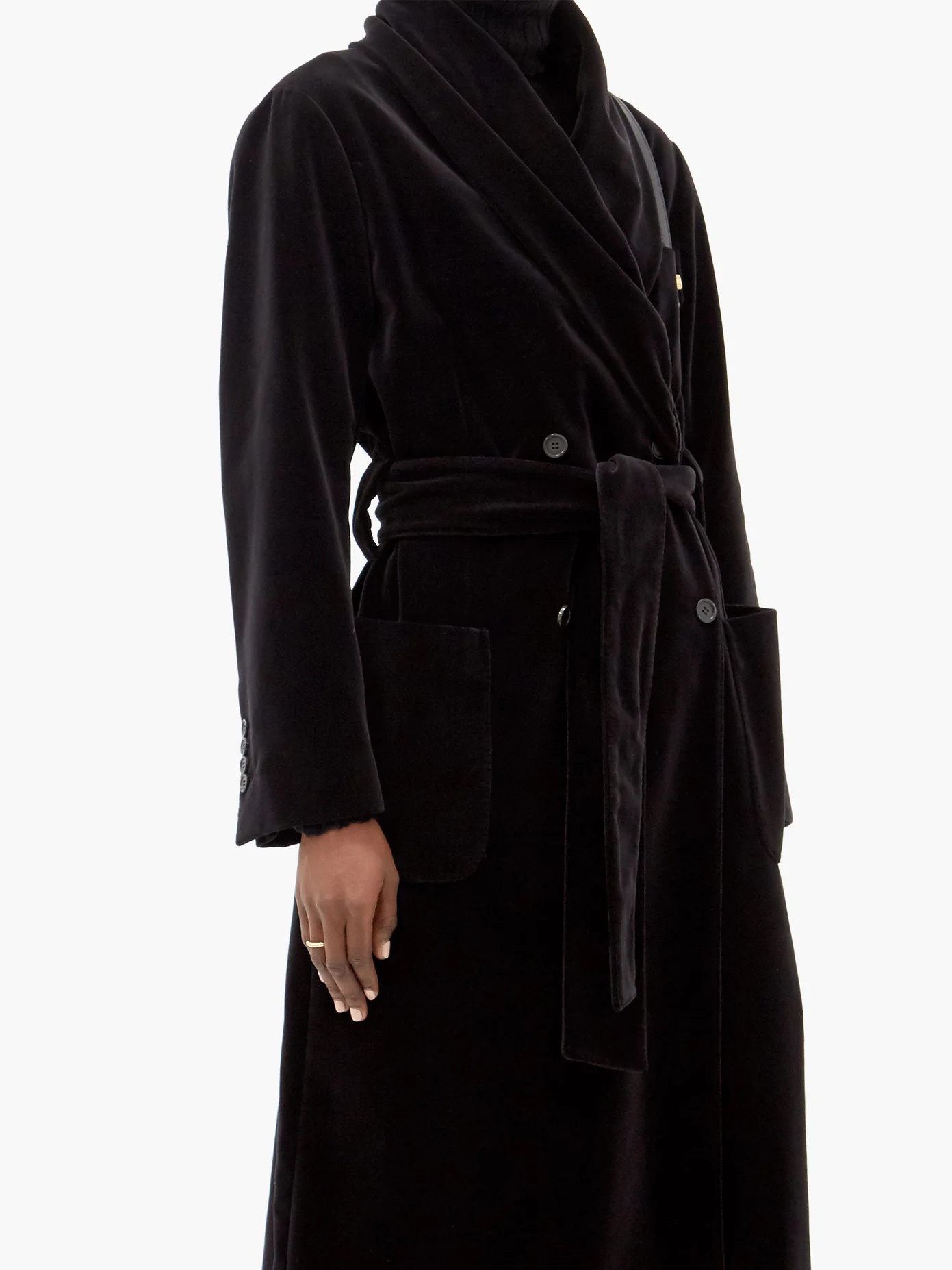 Gathered-collar waist-sash cotton-velvet coat - 6