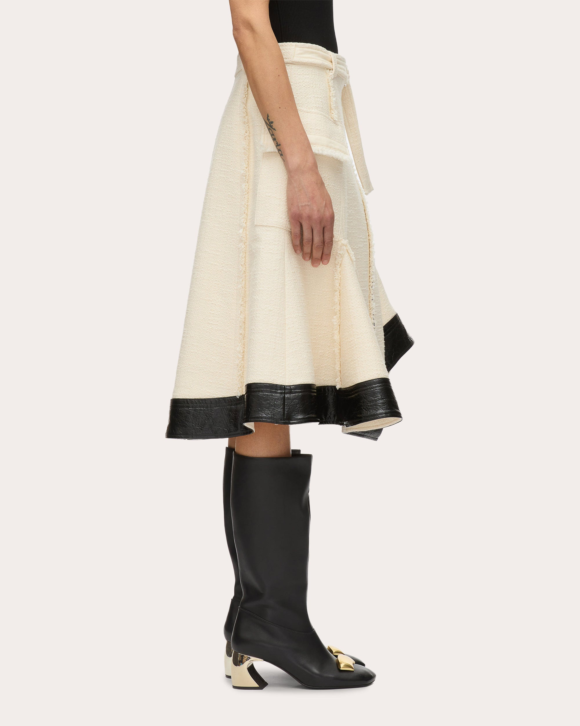 Belted Faux Leather-Trim Tweed Skirt - 3