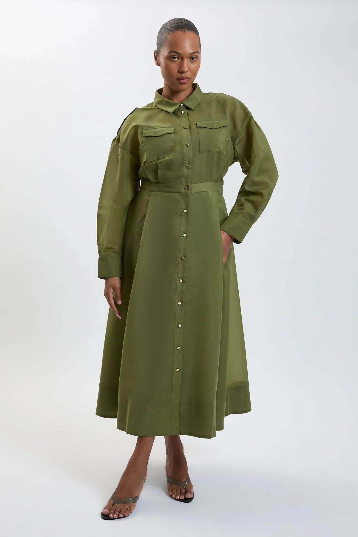 Plus Size Trim Detail Organdie Midi Shirt Dress - 1