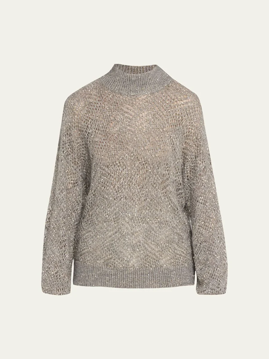 Airy Shimmer Open-Knit Mock Neck Sweater - 1