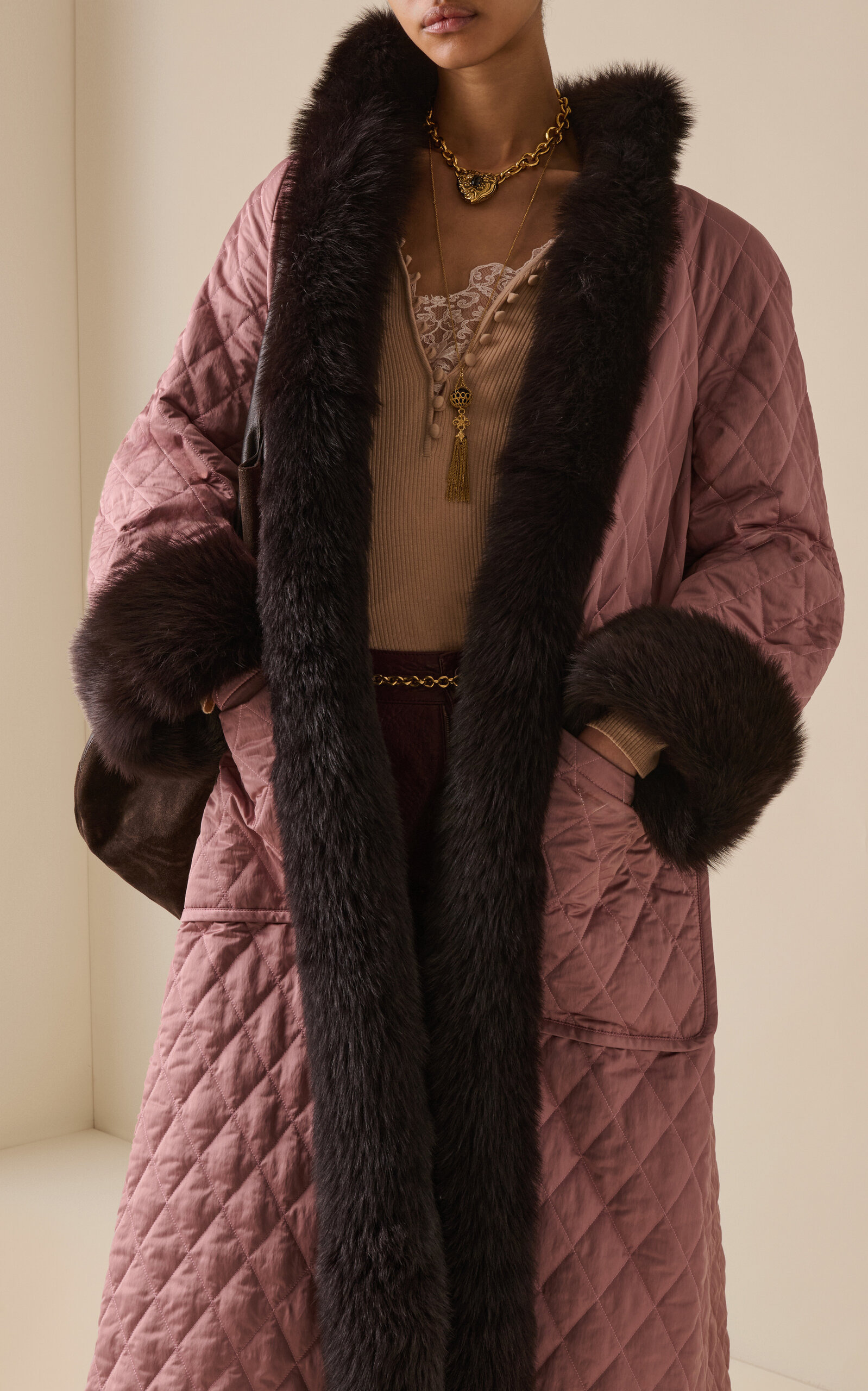 Fur-Trimmed Technical Satin Coat brown - 4