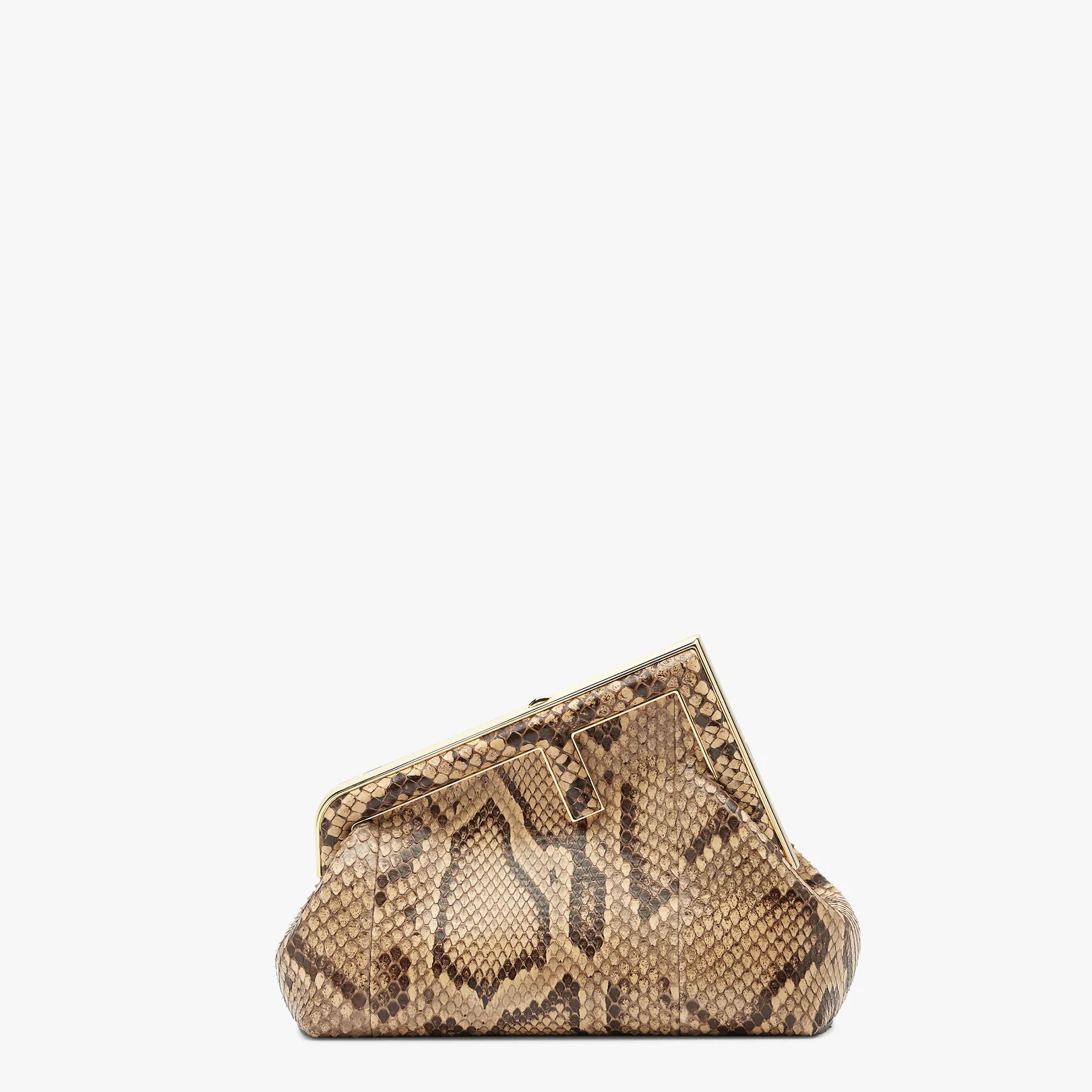 Small Fendi First bag in exquisite brown python leather with an oversized F metal clasp with tone on - 1