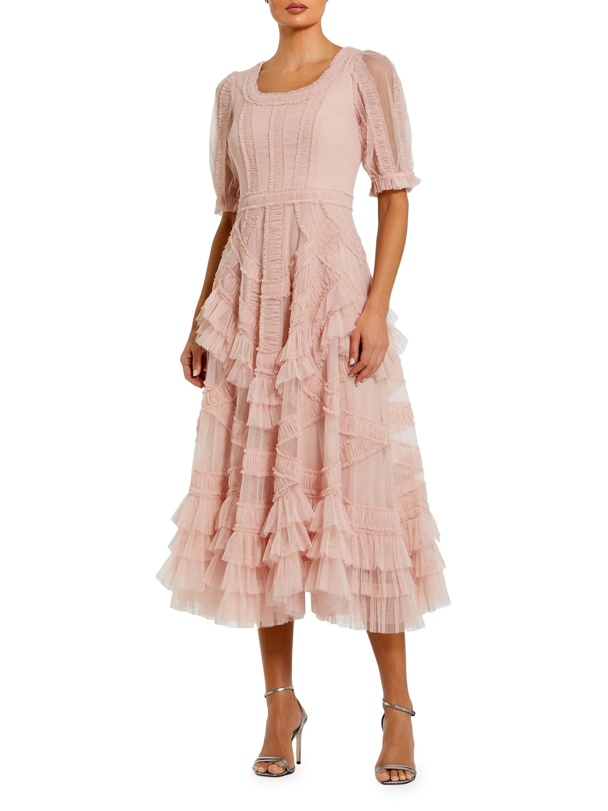 Women's Mesh Ruffled Scoopneck Midi-Dress - Porcelain - 1