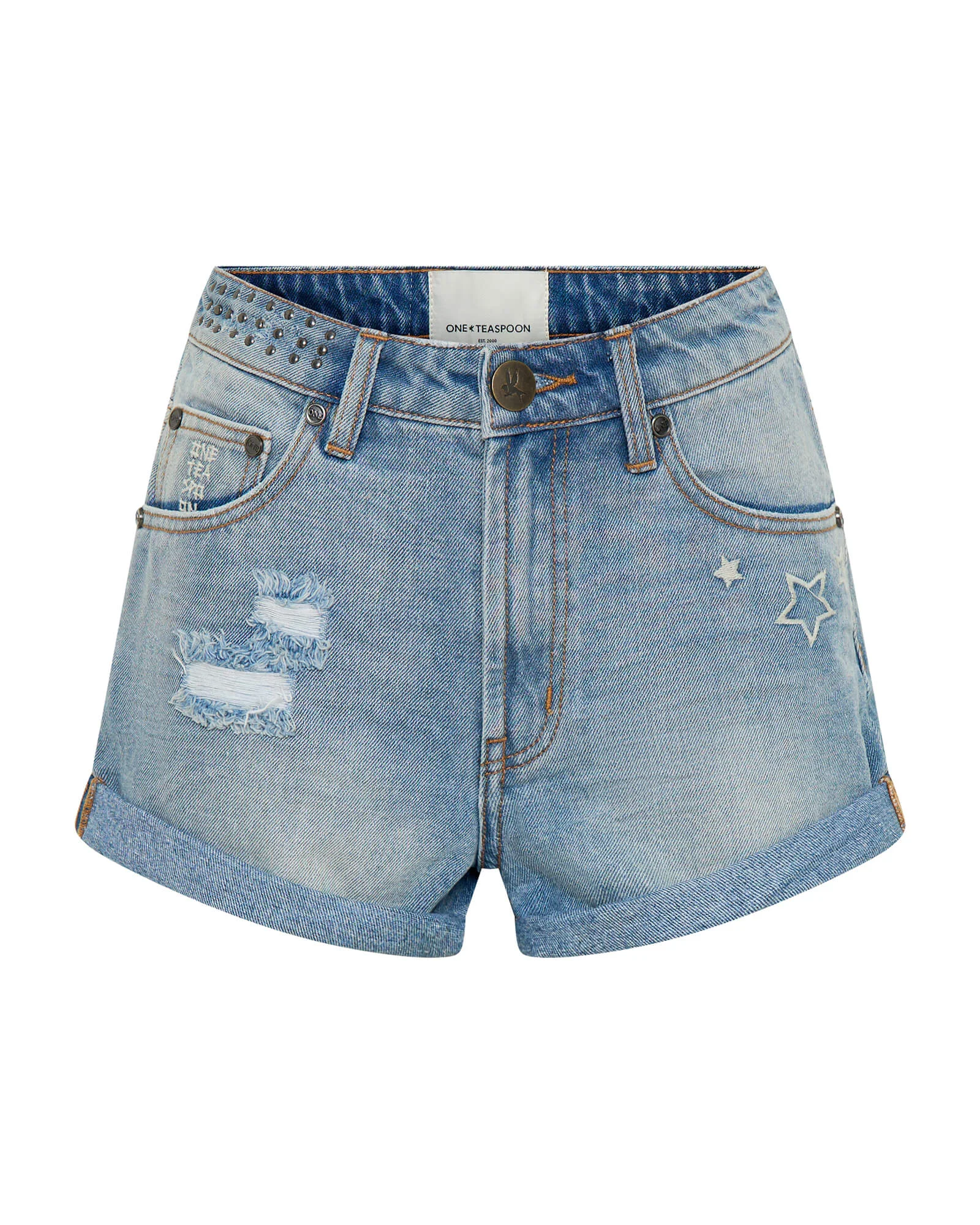 Bandits High Waist Studded Denim Shorts - Blue Malt - 1