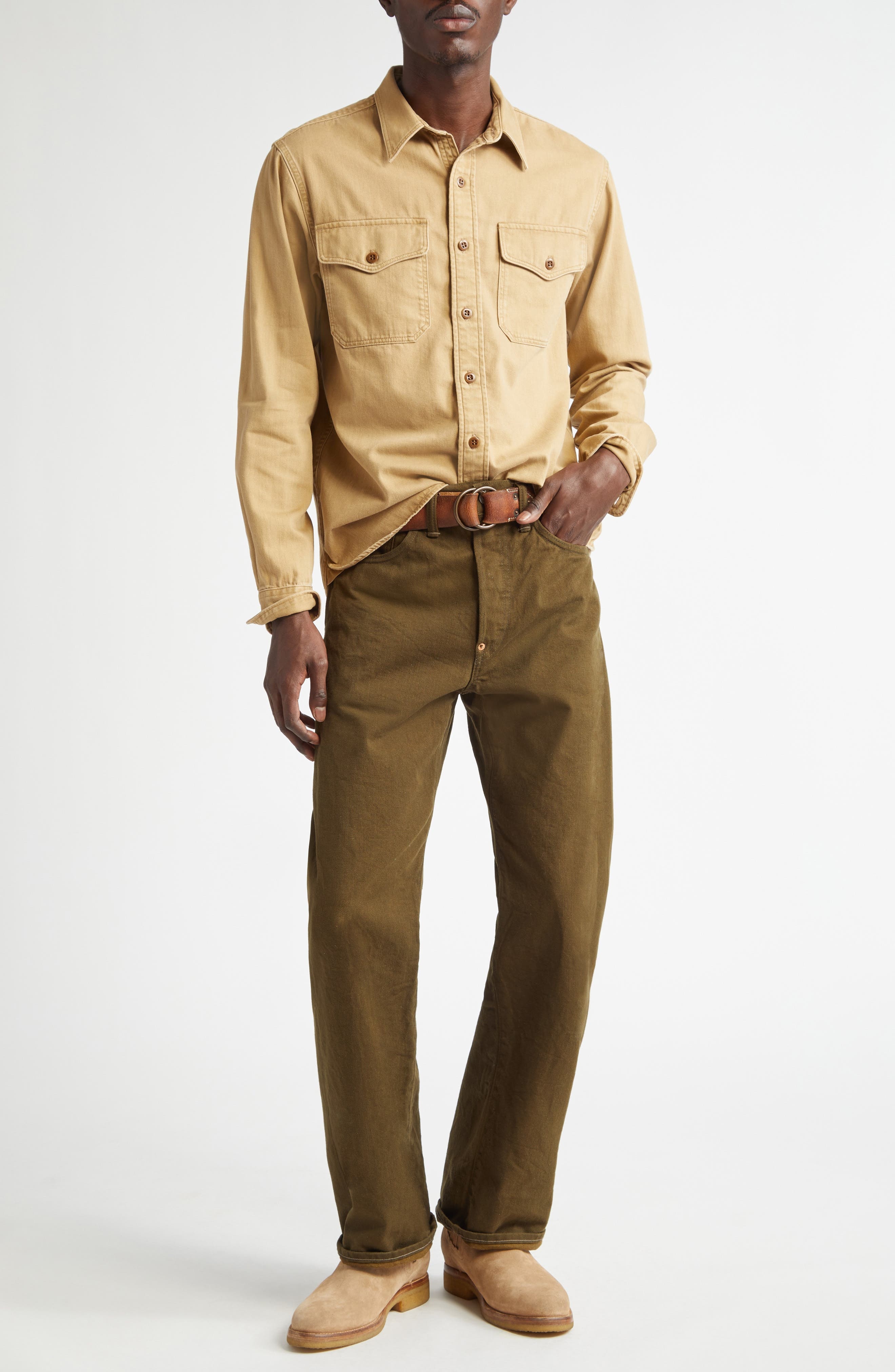 Double RL Cotton Twill Button-Up Work Shirt in Faded Tan at Nordstrom - 2