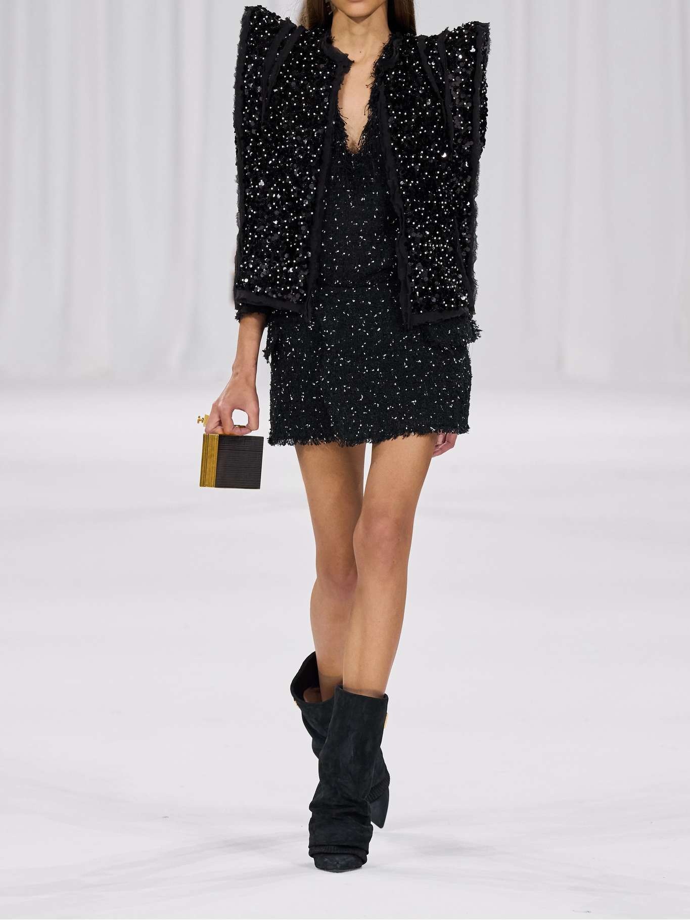 Wrap-effect sequin-embellished frayed tweed mini skirt Black - 5