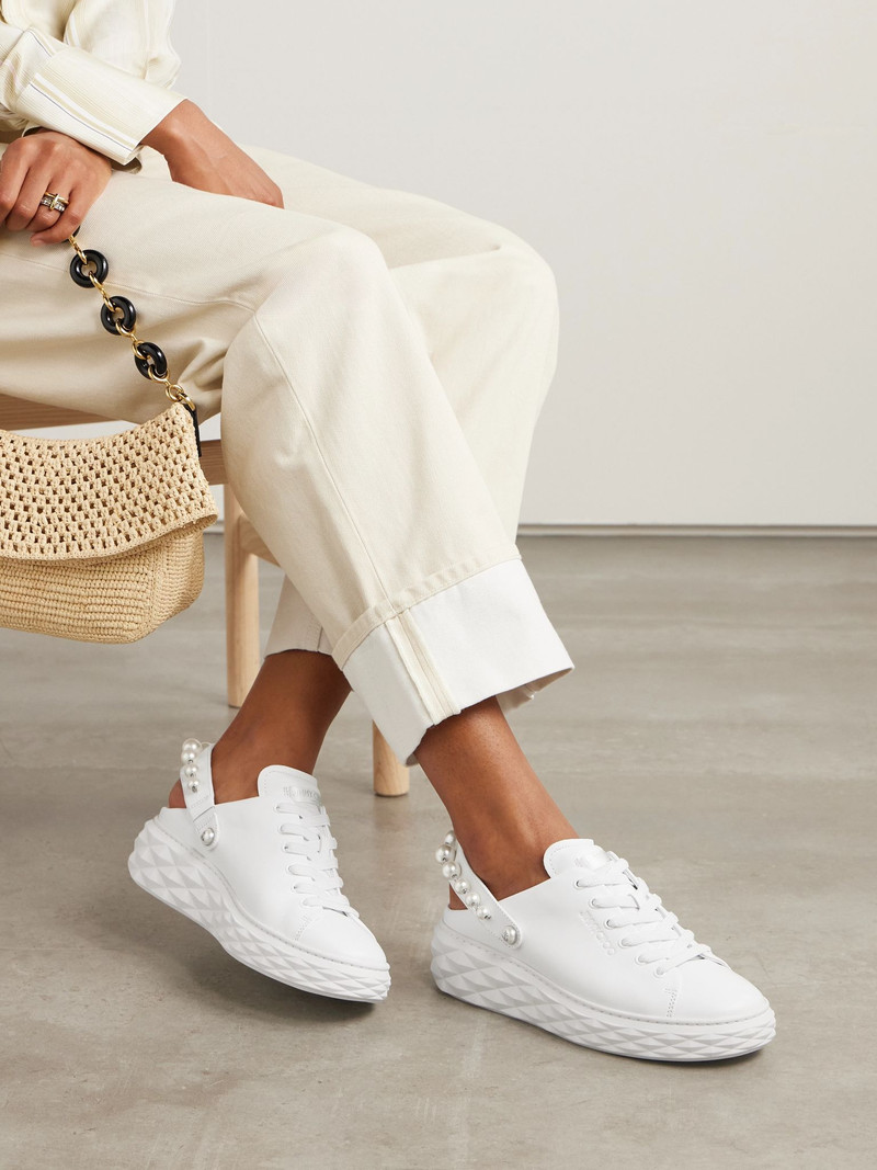 JIMMY CHOO Faux pearl-embellished leather slingback sneakers White outlook