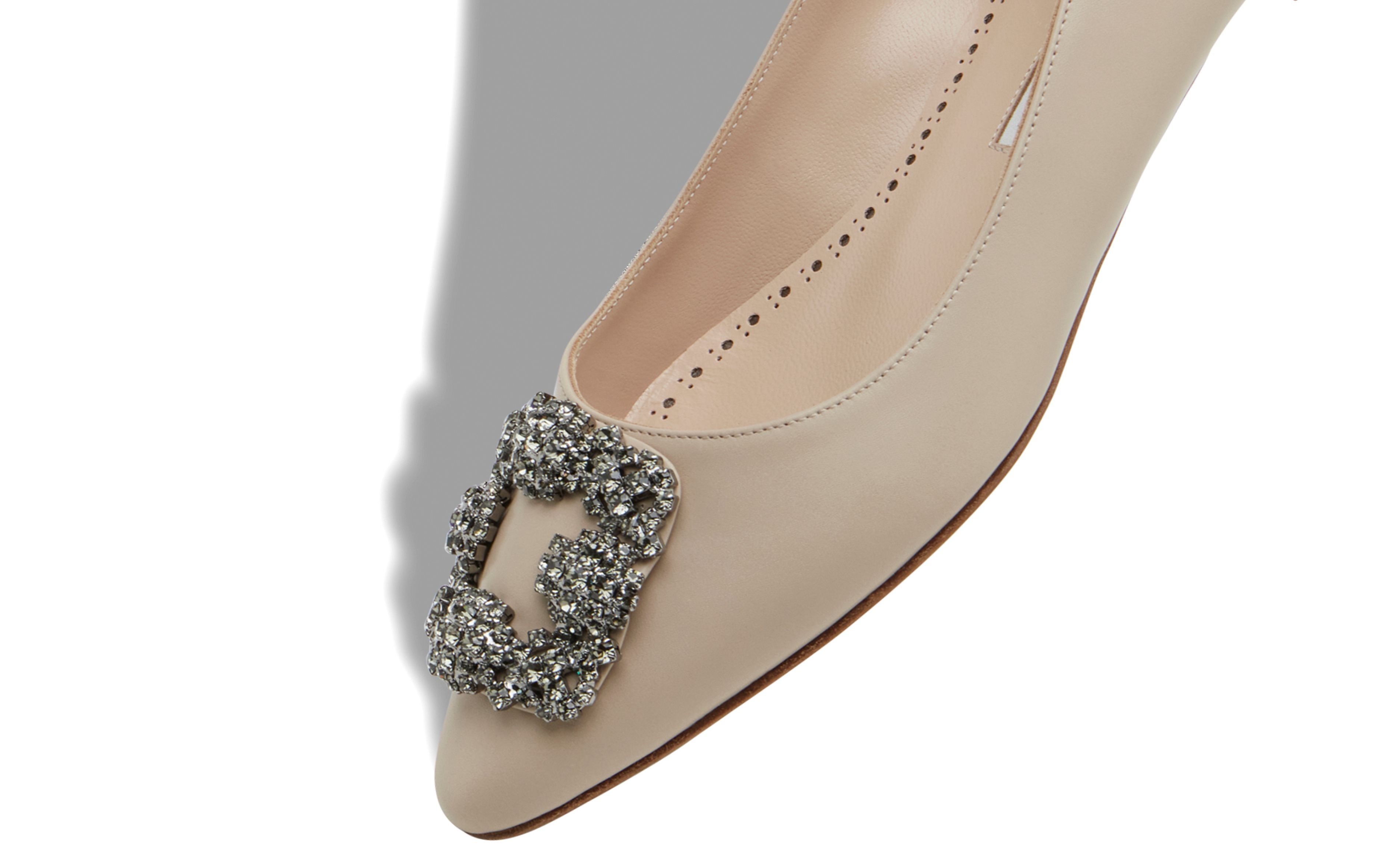 Light Beige Calf Leather Jewel Buckle Flat Shoes - 4