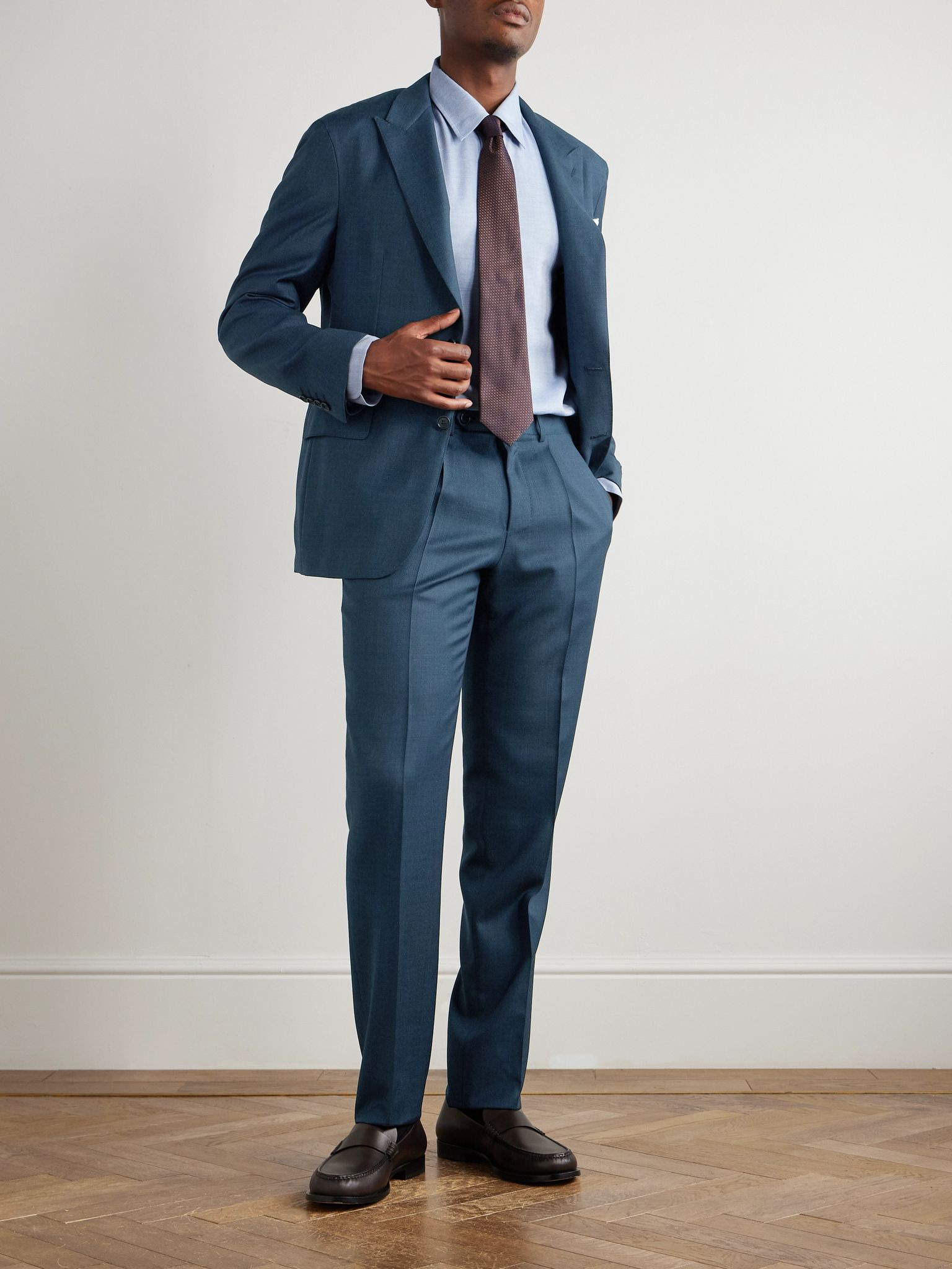 Tapered Pleated Checked Wool Suit Trousers Blue - 2