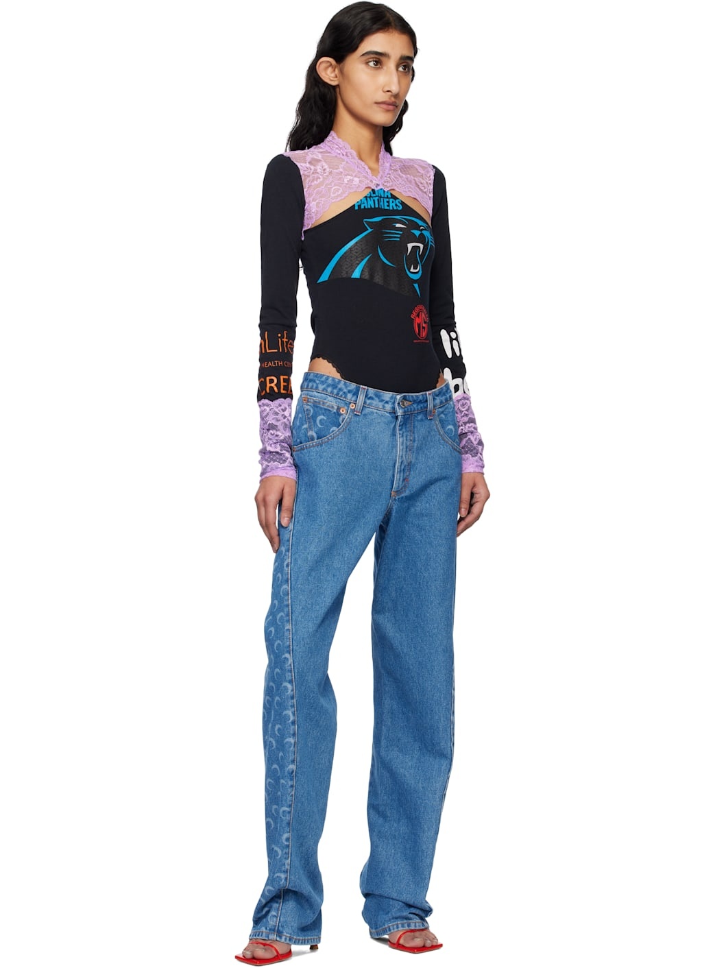 Black Regenerated T-shirts & Lace Long Sleeve Bodysuit - 5
